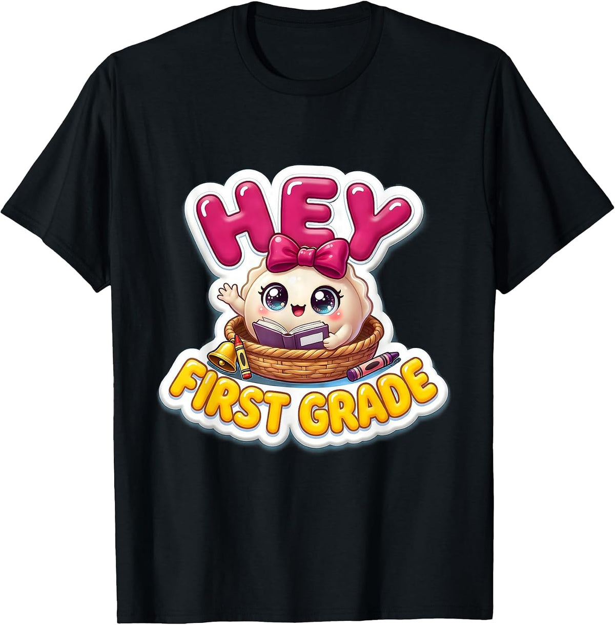Men's Hey First Grade Cute Dumpling Back to School Girl Teacher T-Shirt - Black