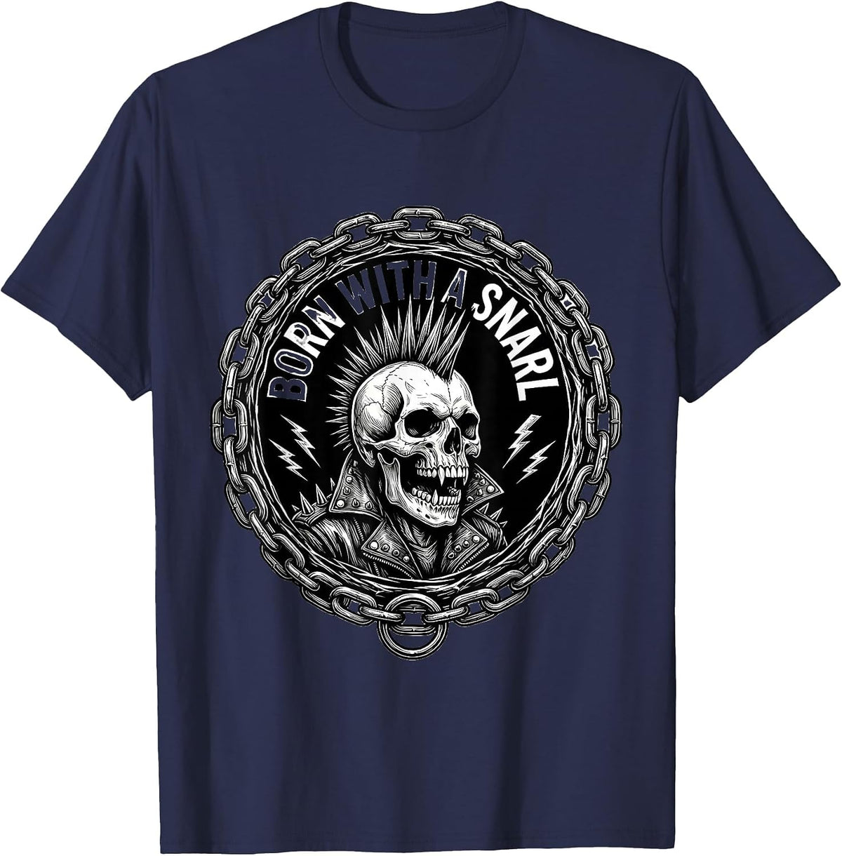 Born With a Snarl Punk Rock Graphic Design T-Shirt - Navy Blue