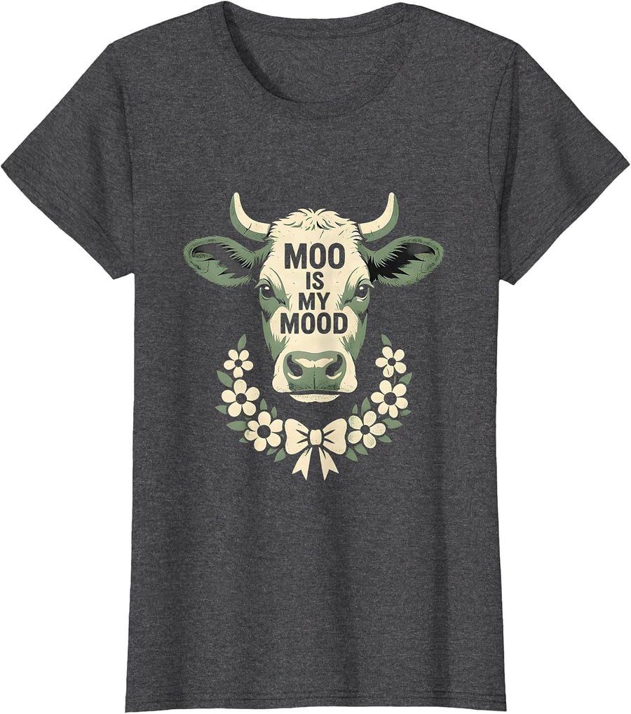 Women's Moo Is My Mood Funny Cow Lover Design T-Shirt - Dark Heather Grey