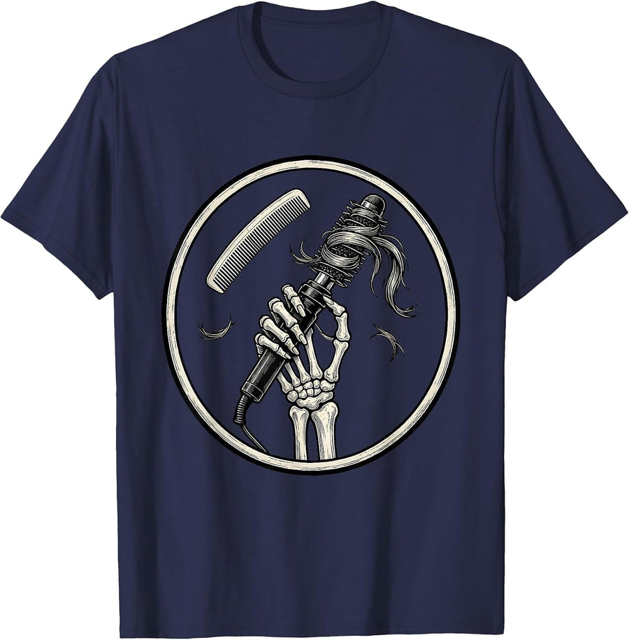 Skeleton Hairdresser Badge Halloween Gothic Hairstylist T-Shirt - Navy Blue
