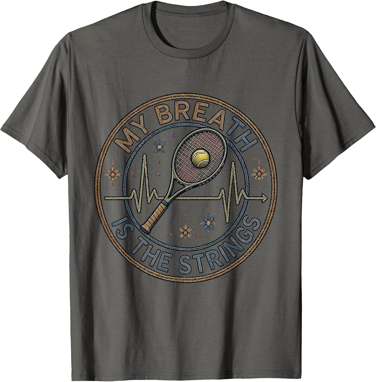 Men's My Breath Is The Strings Contemporary Tapestry Tennis Lover T-Shirt - Asphalt Grey