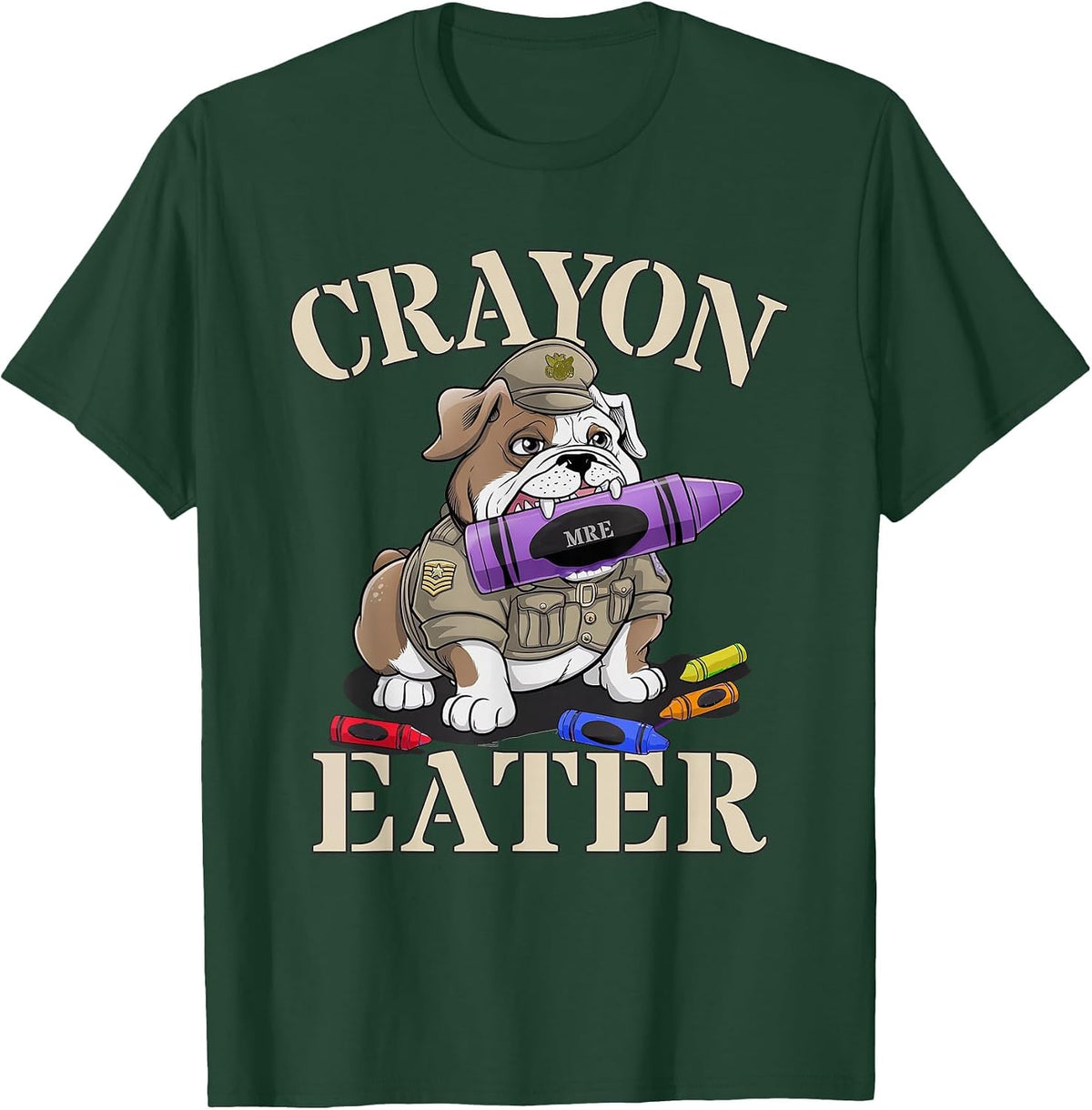 Kawaii Crayon Eater Bulldog Soldier School Boot Camp Humor T-Shirt - Dark Green