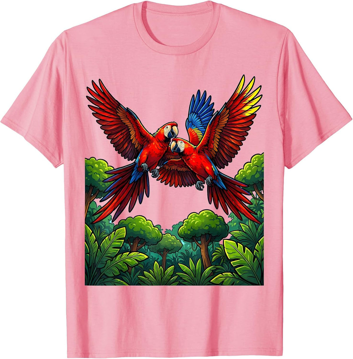Men's Ecuador Macaw Pair Flying Over Jungle Canopy T-Shirt - Pink
