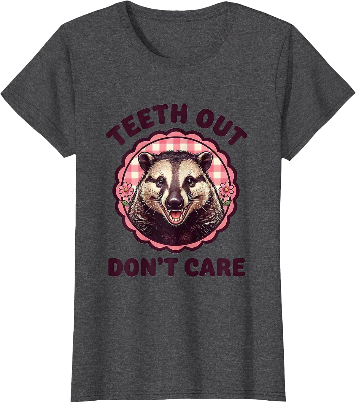 Women's Teeth Out Don't Care Funny Opossum Design T-Shirt - Dark Heather Grey