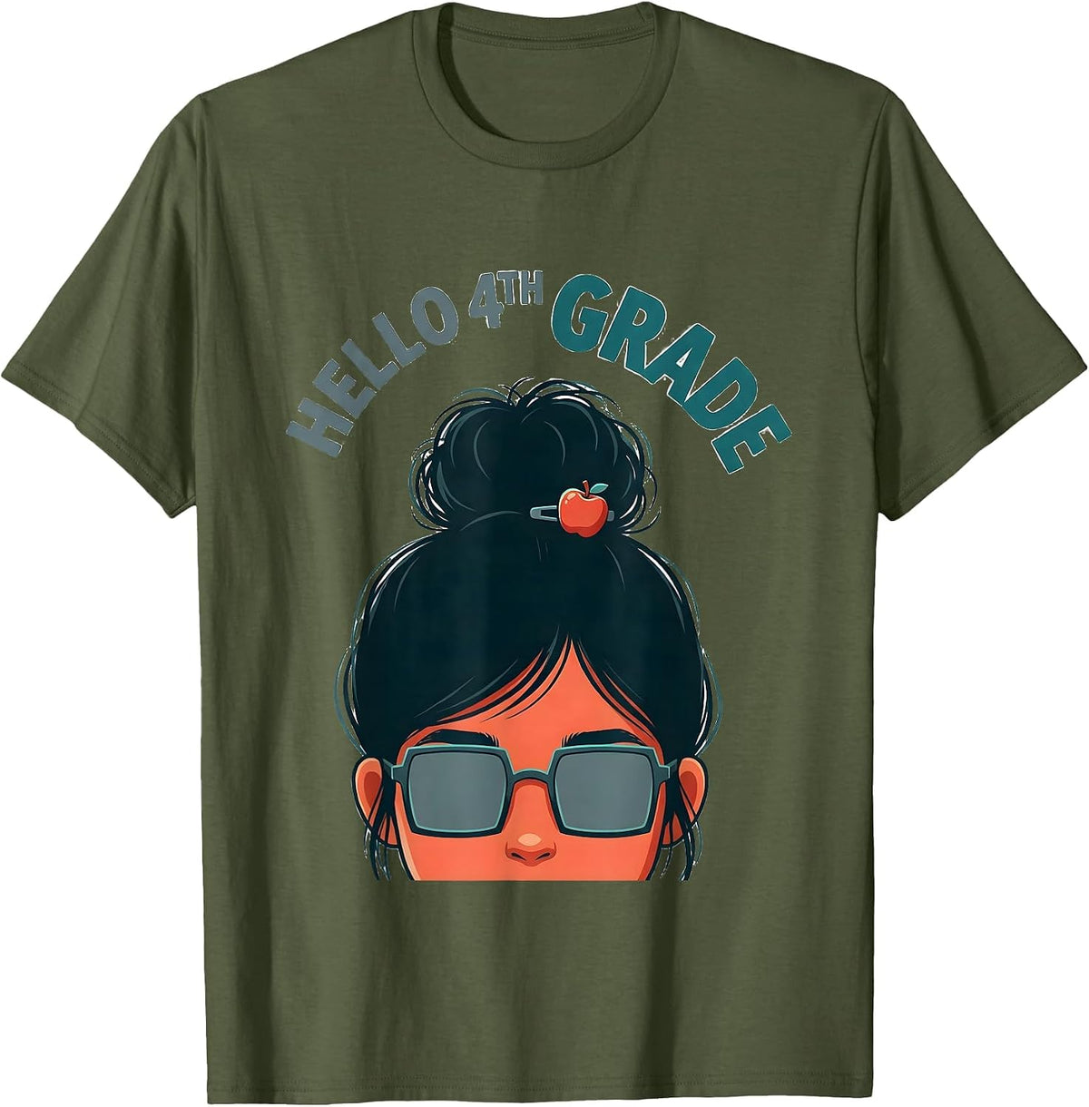 Men's Hello 4th Grade Messy Bun First Day of School Girls Teacher T-Shirt - Olive Green