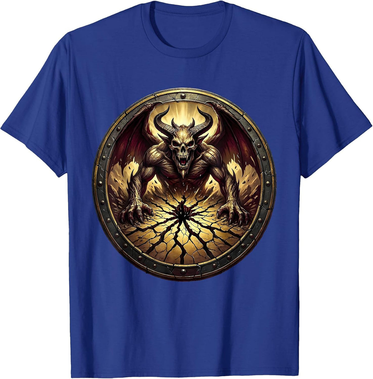 Demon Rising From Cracked Earth Heavy Metal Art T-Shirt - Royal Blue