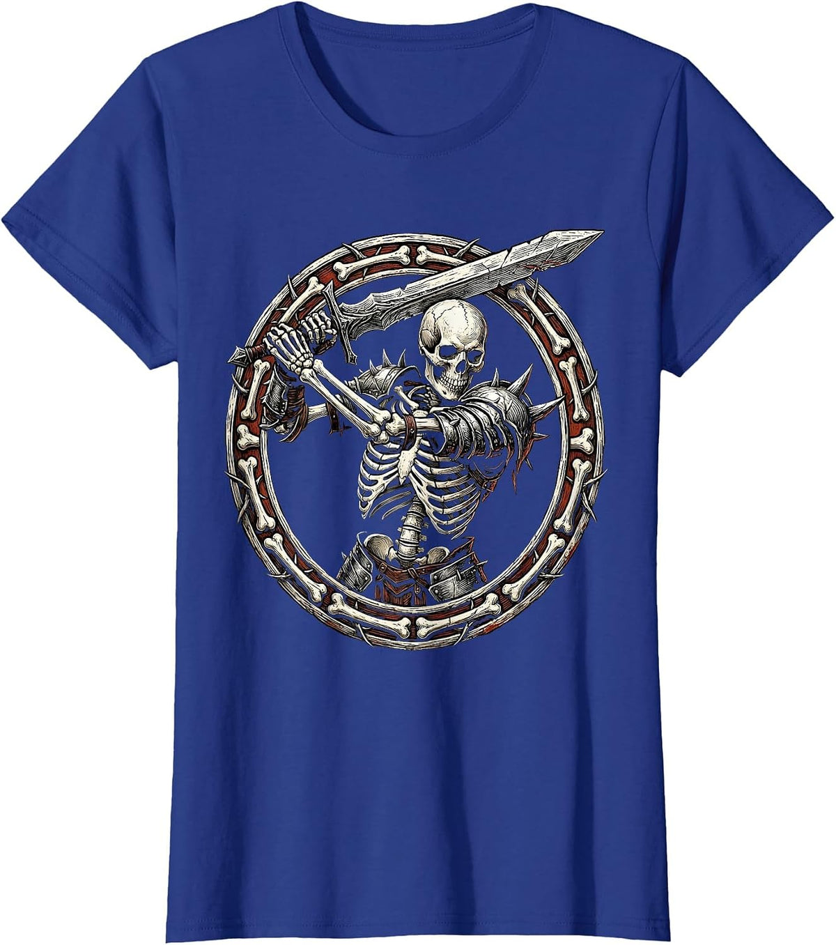 Women's Warrior Skeleton Broadsword Metal Graphic T-Shirt - Royal Blue