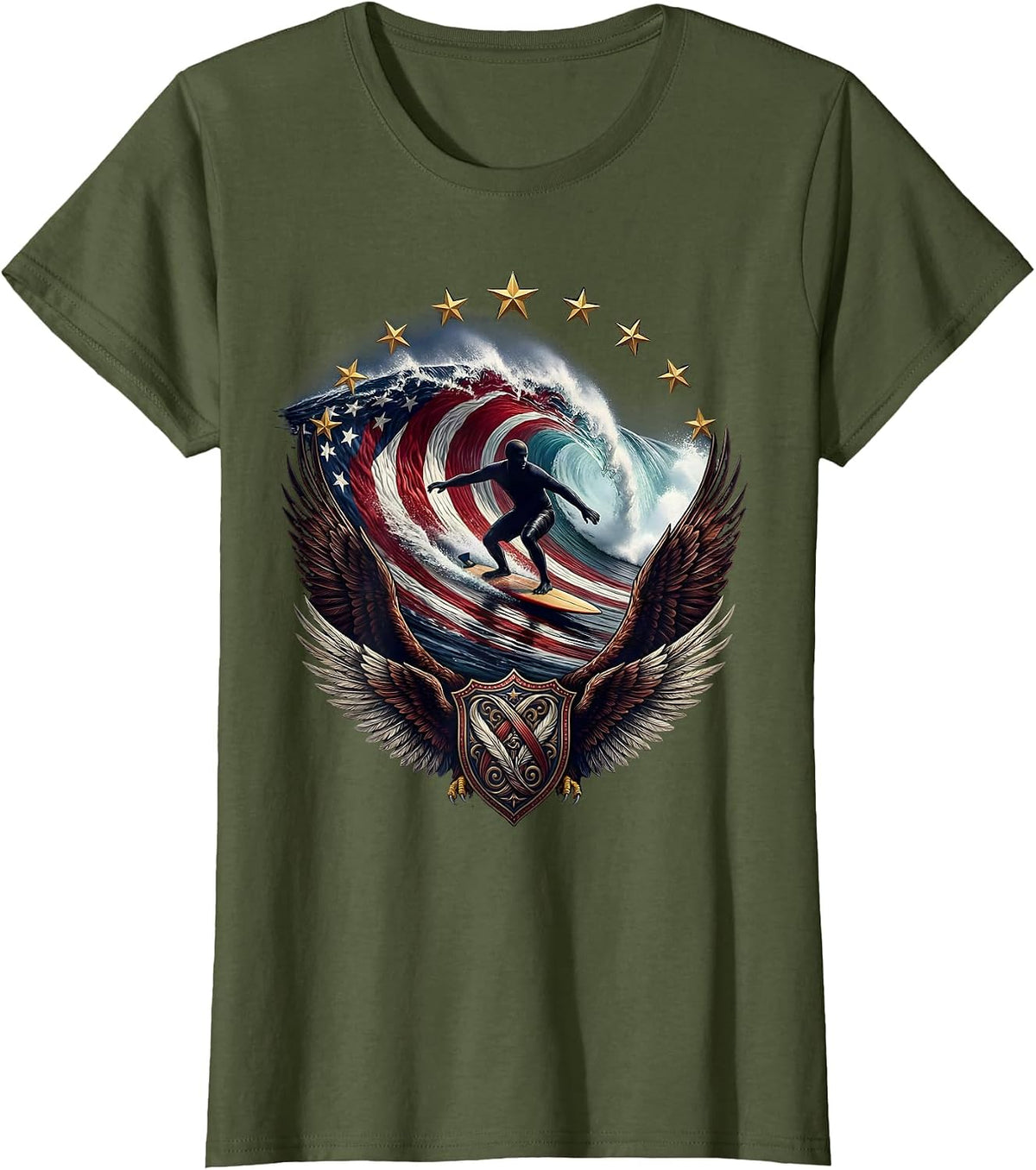 Women's Surfing American Flag Wave Patriotic Design T-Shirt - Olive Green