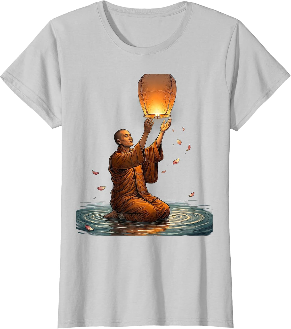 Buddhist Monk Floating Lantern Release Graphic T-Shirt - Silver Grey