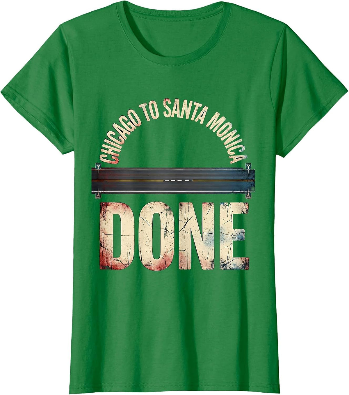 Women's Chicago To Santa Monica, Done Distressed Road Trip Classic T-Shirt - Kelly Green
