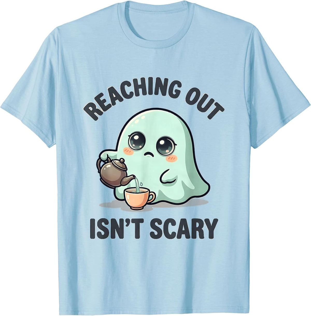 Men's Reaching Out Isn't Scary Cute Kawaii Ghost Halloween Mental T-Shirt - Baby Blue