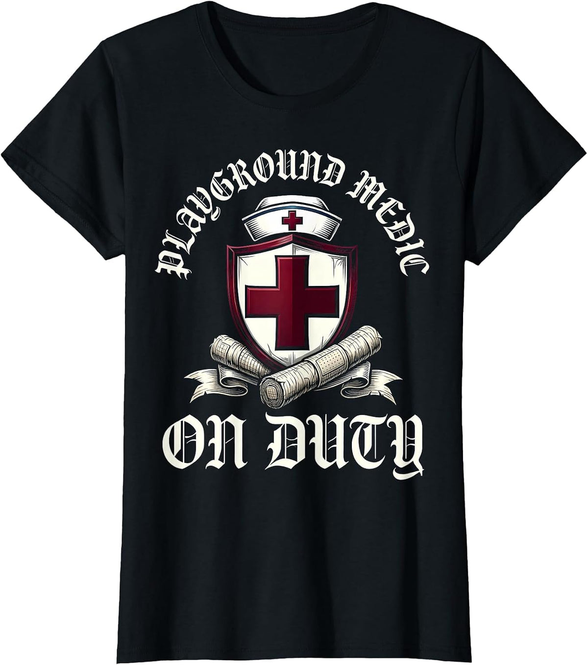 Playground Medic On Duty School Nurse Design T-Shirt - Black