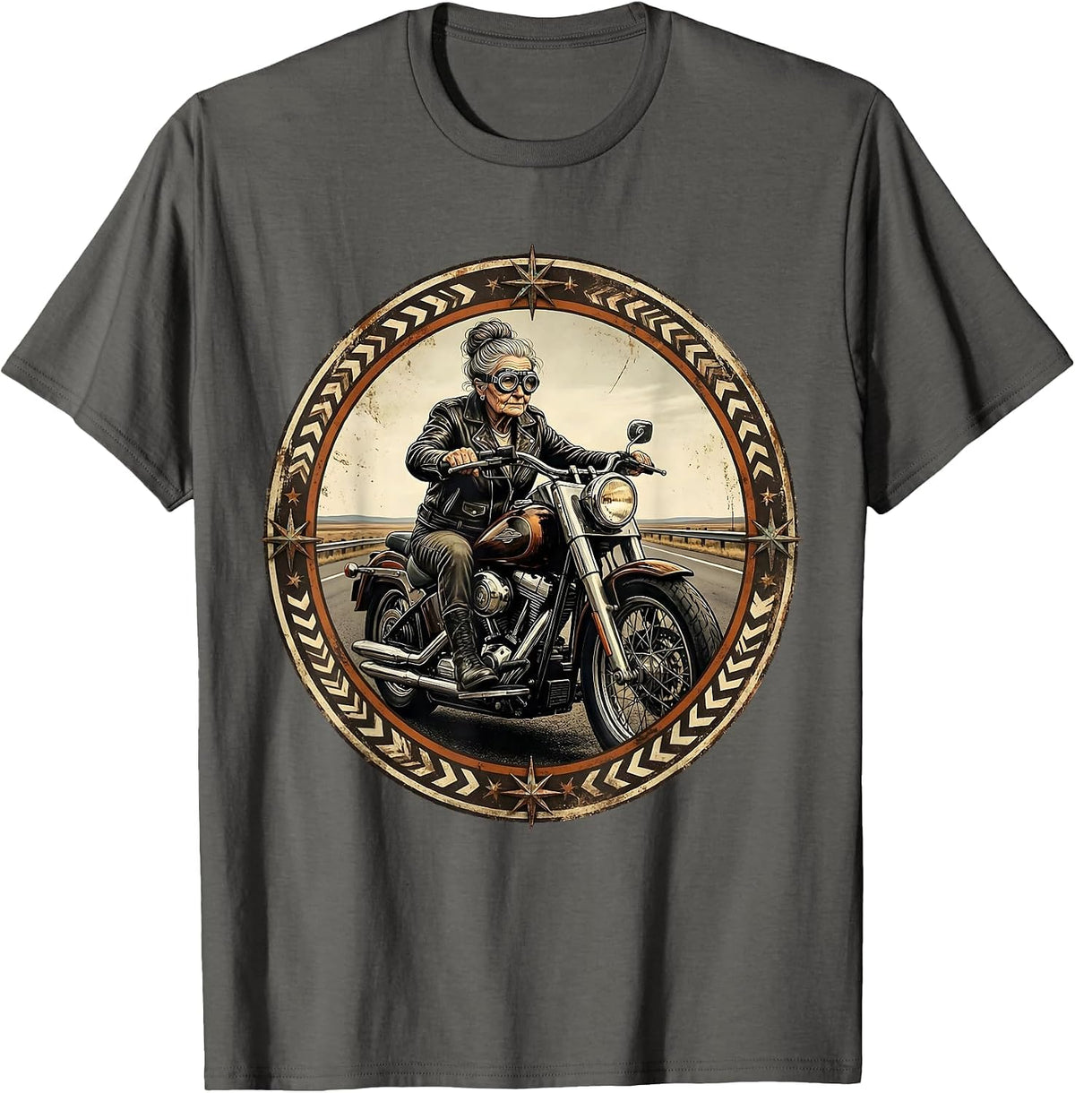Grandma Motorcycle Open Road Rider Graphic T-Shirt - Asphalt Grey