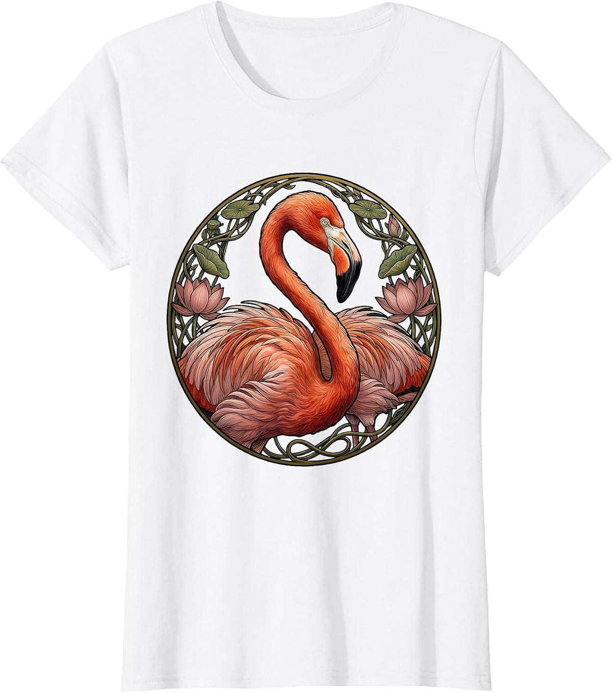 Women's Flamingo Crescent Moon Neck Curl Illustration T-Shirt - White