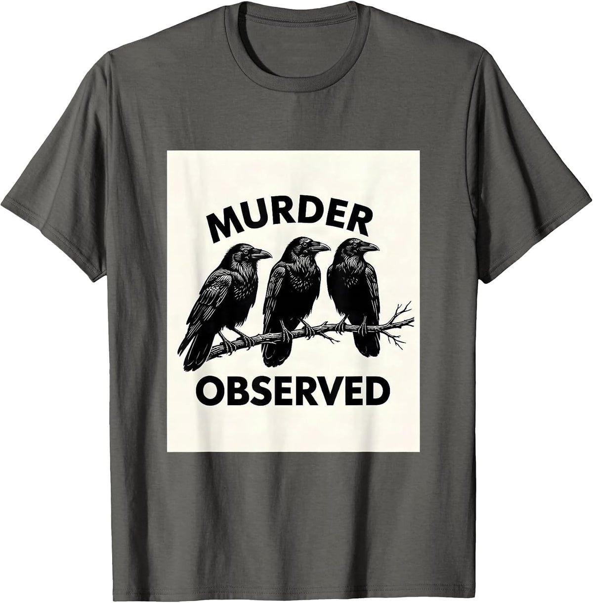 Men's Murder Observed Scratchboard Crow Dark Humor Bird Lover T-Shirt - Asphalt Grey