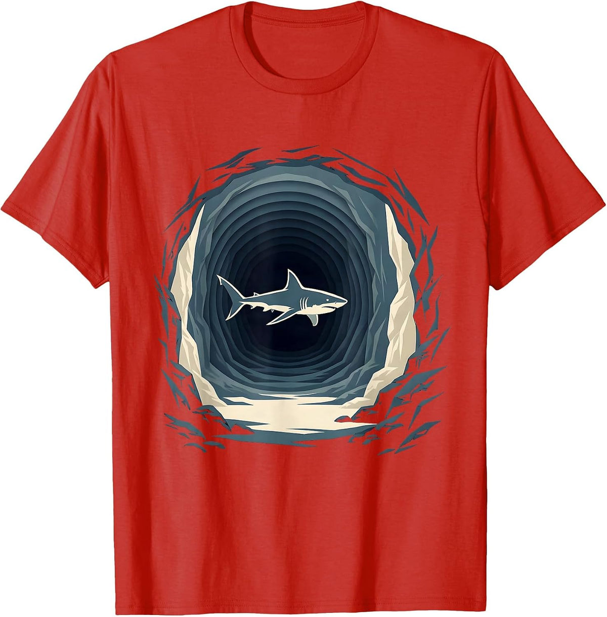 Men's Shark Swimming Through Underwater Cave Tunnel T-Shirt - Red