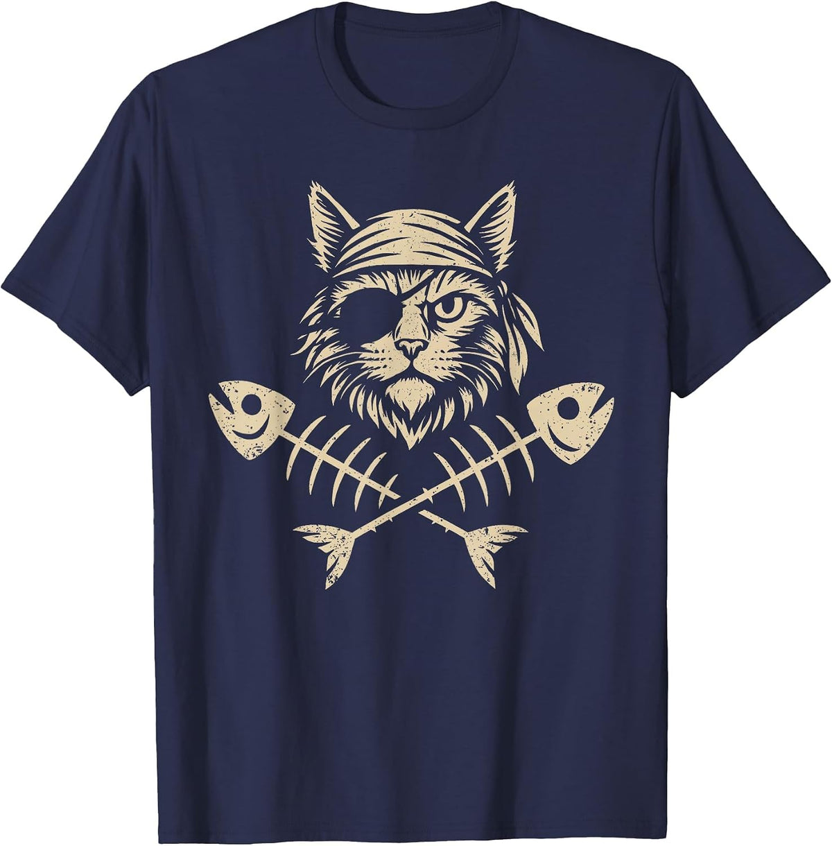 Vintage Pirate Maine Coon Cat Crossbones Halloween T-Shirt - Navy Blue