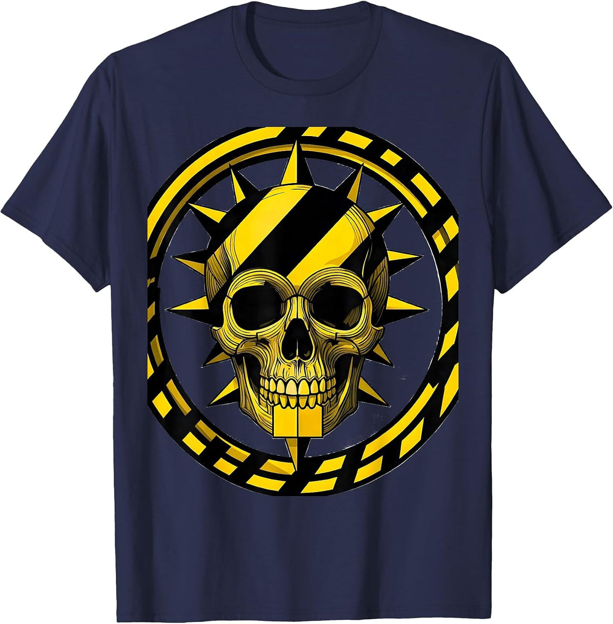 Men's Caution Tape Thorny Skull Black and Yellow Design T-Shirt - Navy Blue