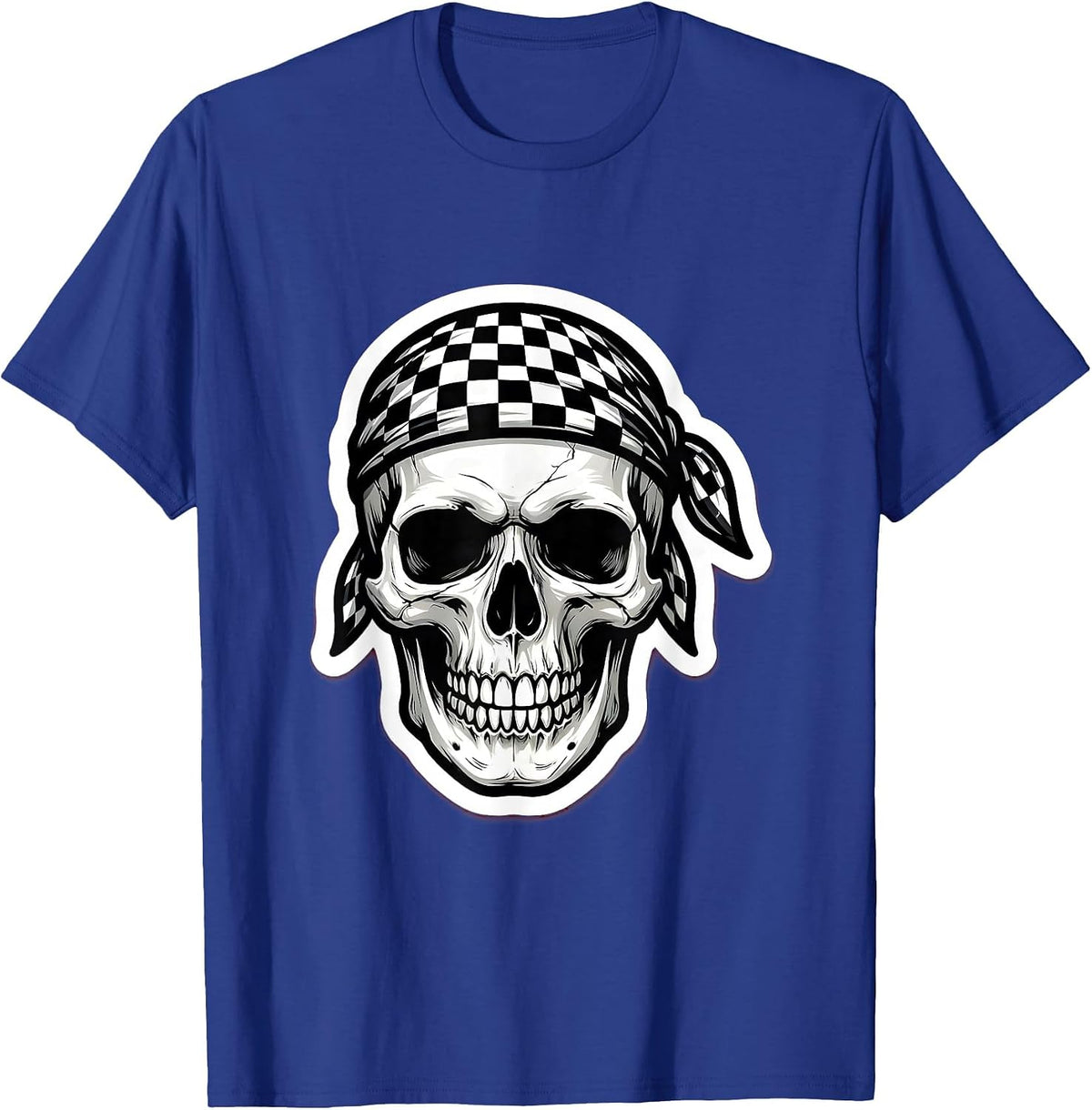 Skull Checkered Bandana Graphic Design T-Shirt - Royal Blue