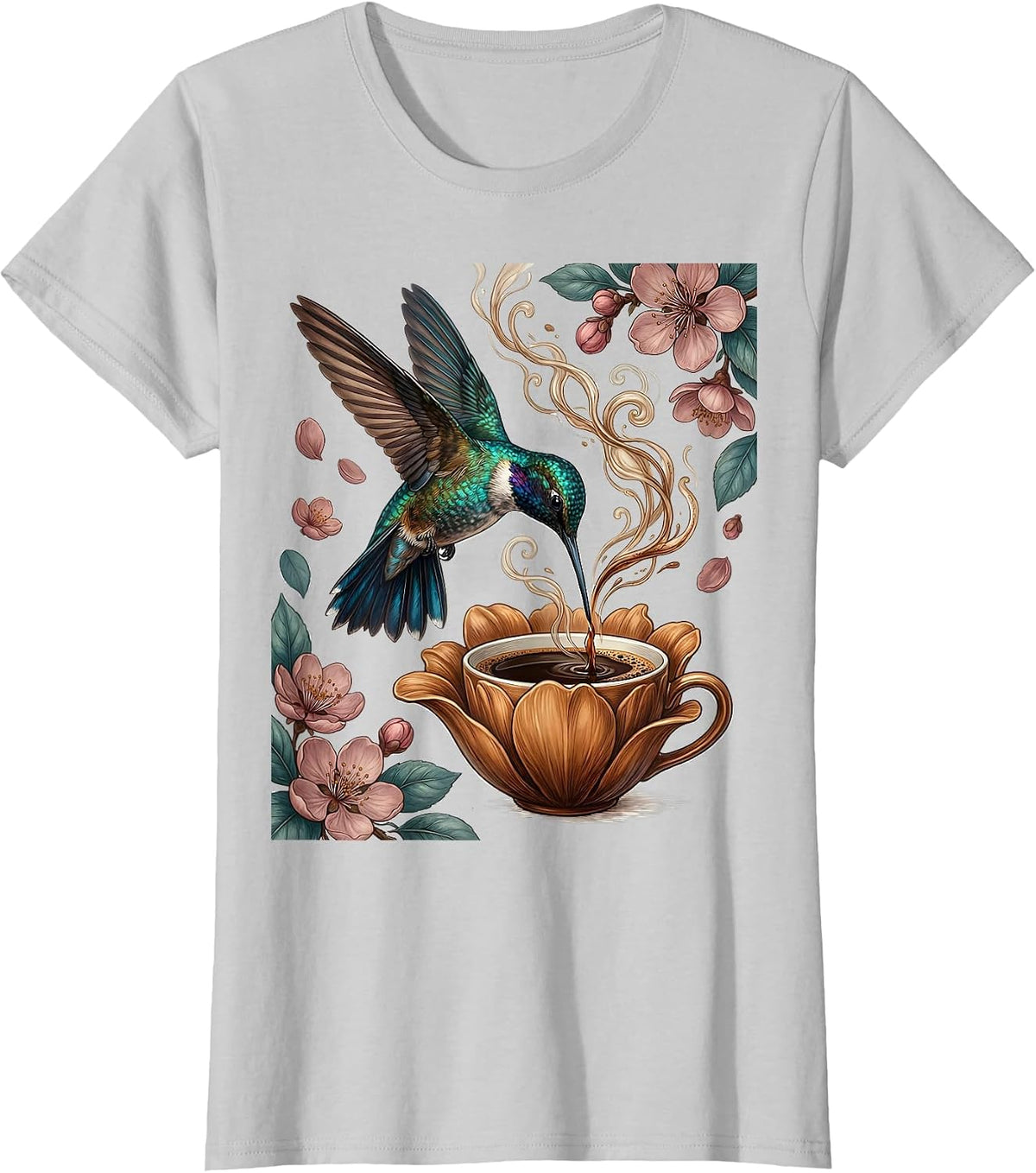 Women's Hummingbird Espresso Cup Flower Coffee Lover Design T-Shirt - Silver Grey