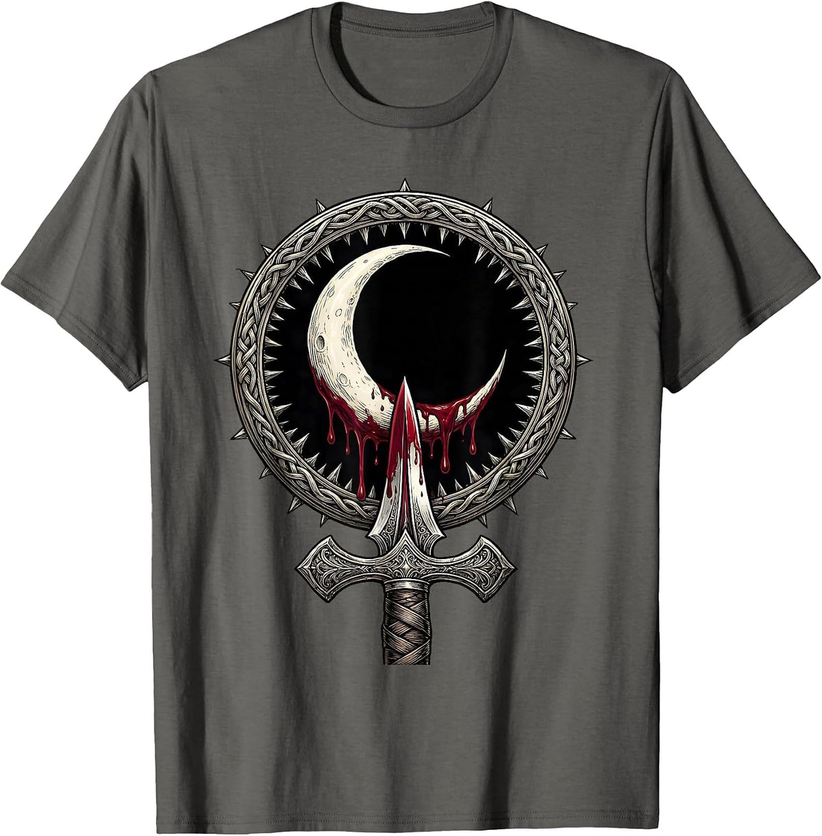 Men's Crescent Moon Blood Dagger Dark Heavy Metal Art T-Shirt - Asphalt Grey