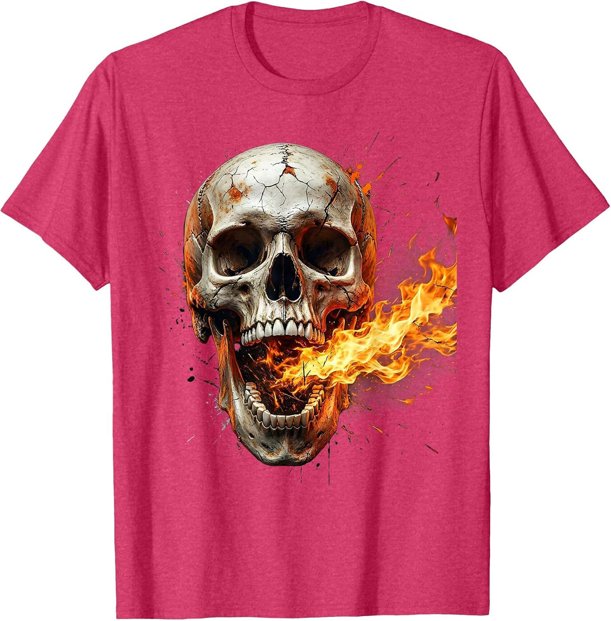 Skull Roaring Fire Unhinged Jaw Graphic Design T-Shirt - Red Heather