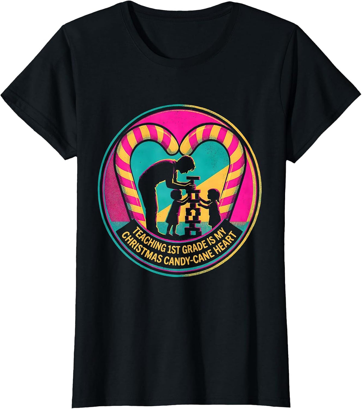 Teaching 1st Grade Is My Christmas Candy-Cane Heart Teacher T-Shirt - Black
