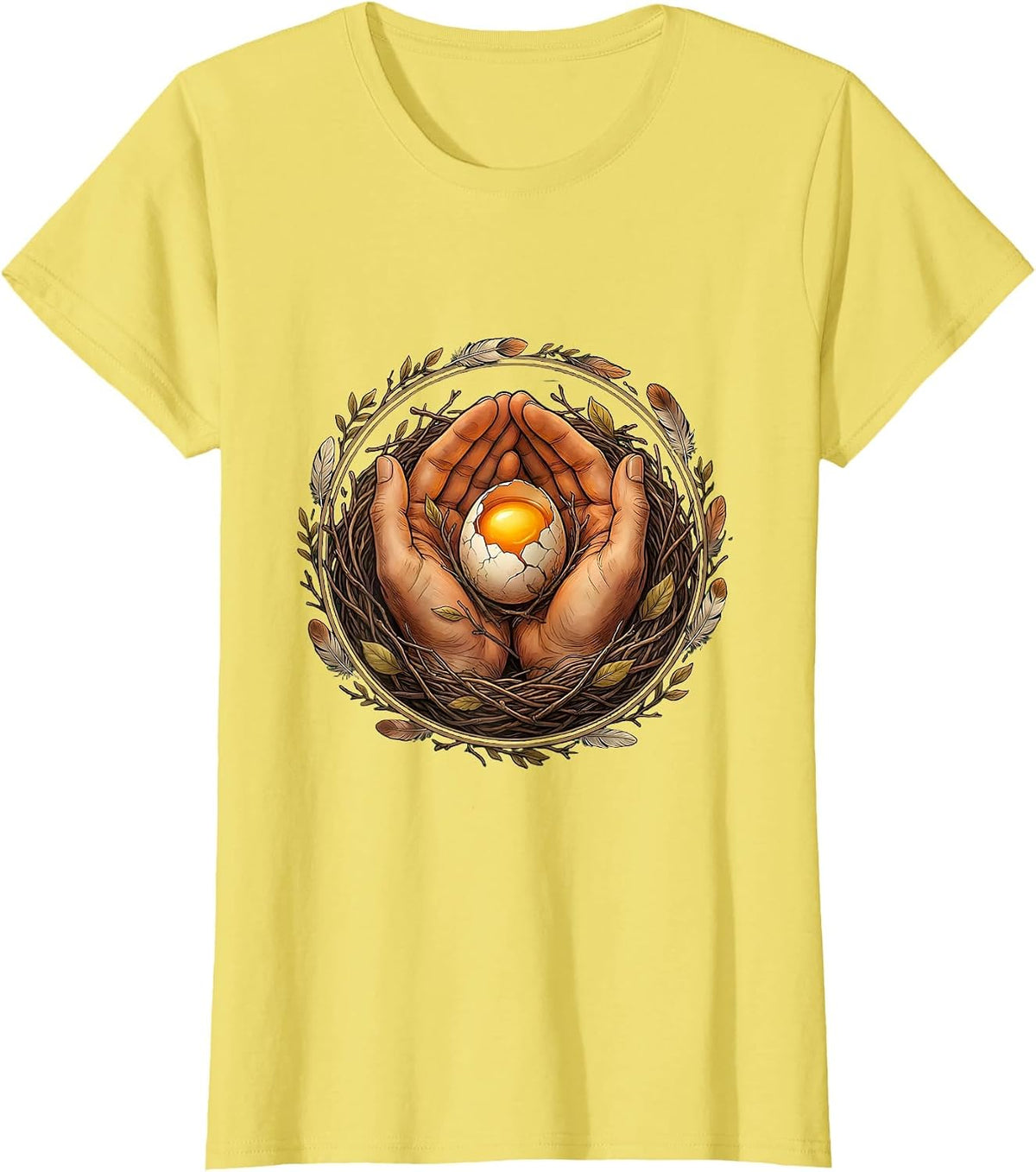 Women's Kindness Nest Hands Cradling Cracked Egg Design T-Shirt - Lemon Yellow