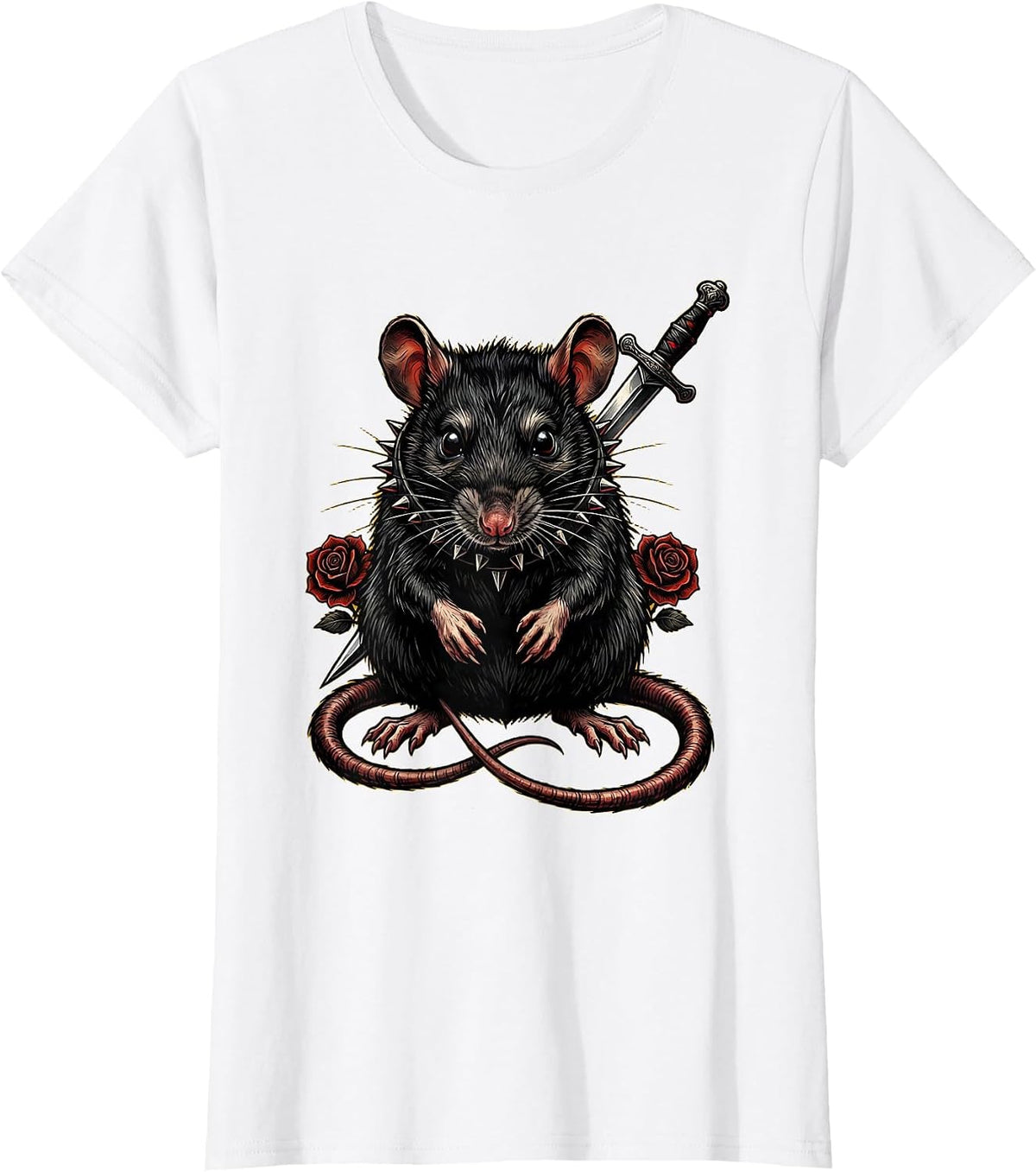 Punk Rat Studded Collar Graphic Design T-Shirt - White