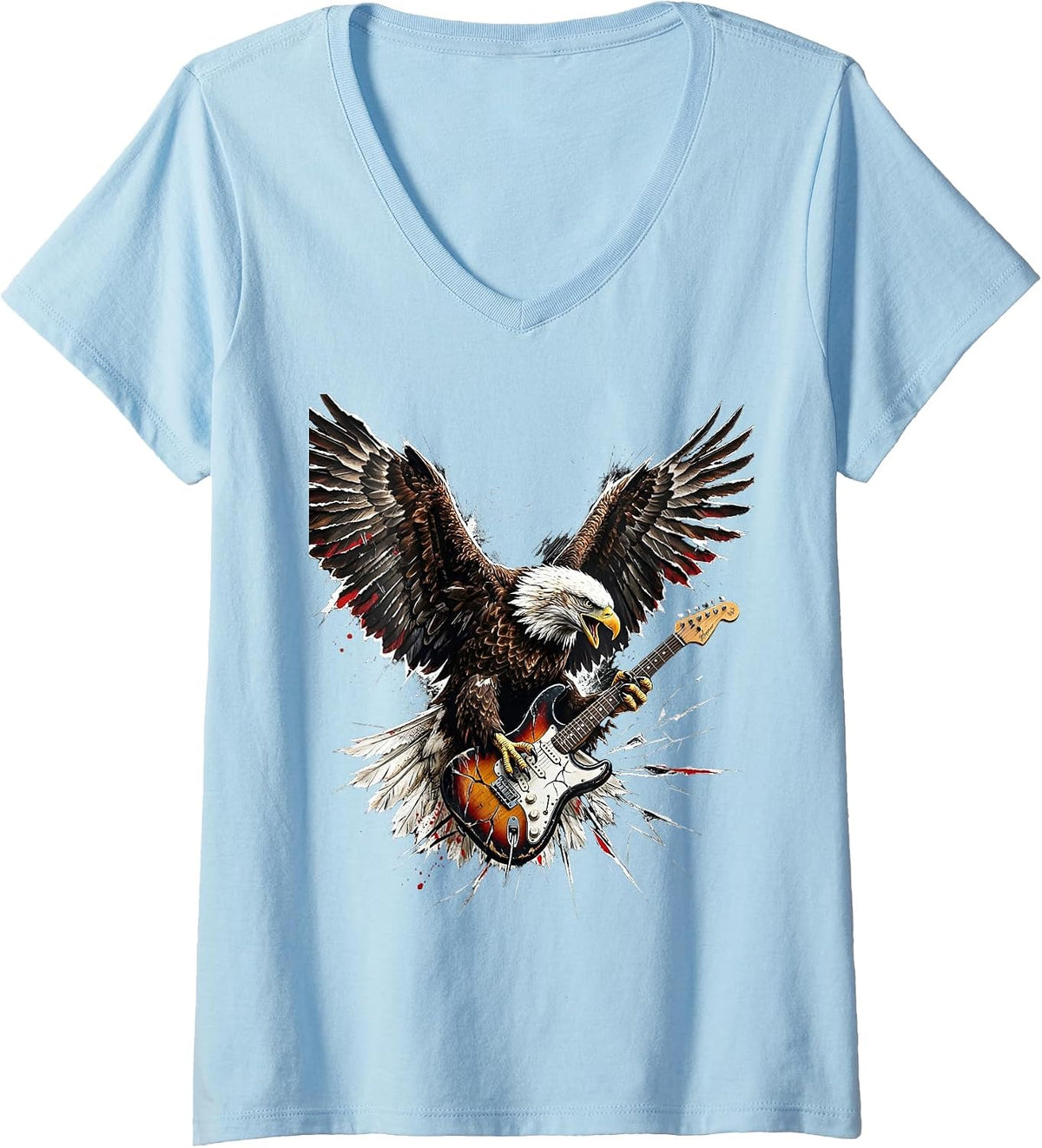 Women's Vintage Rock Eagle Electric Guitar Graphic V-Neck T-Shirt - Baby Blue