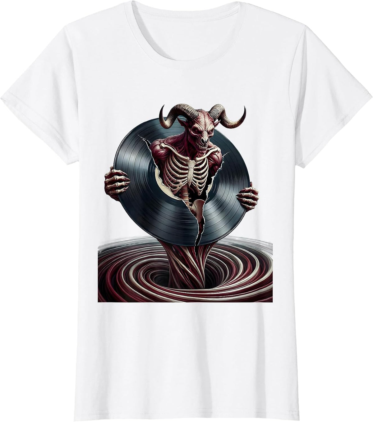 Demon Rising From Vinyl Record Metal Art T-Shirt - White