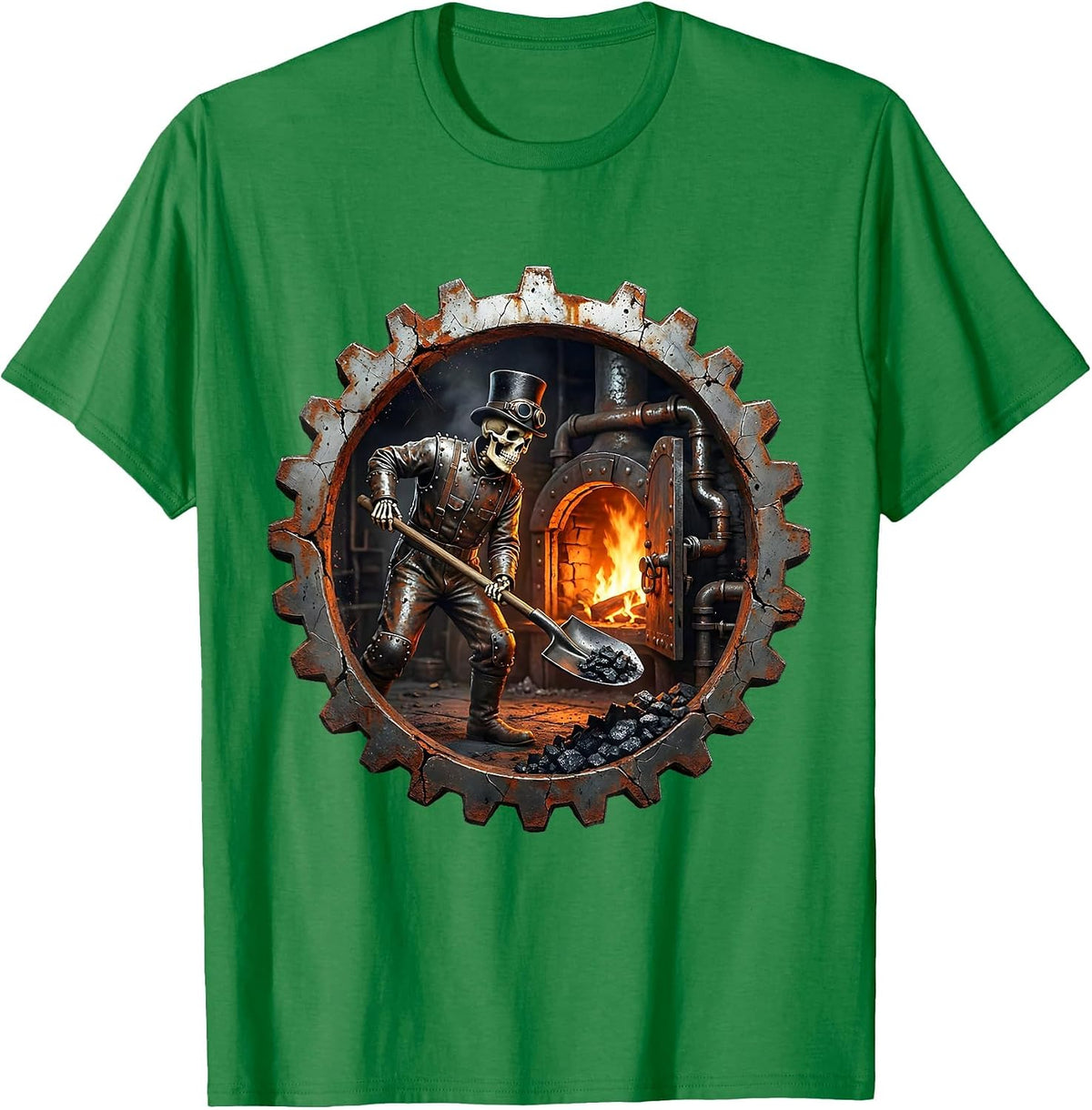 Men's Steampunk Skeleton Engineer Shoveling Coal Art T-Shirt - Kelly Green