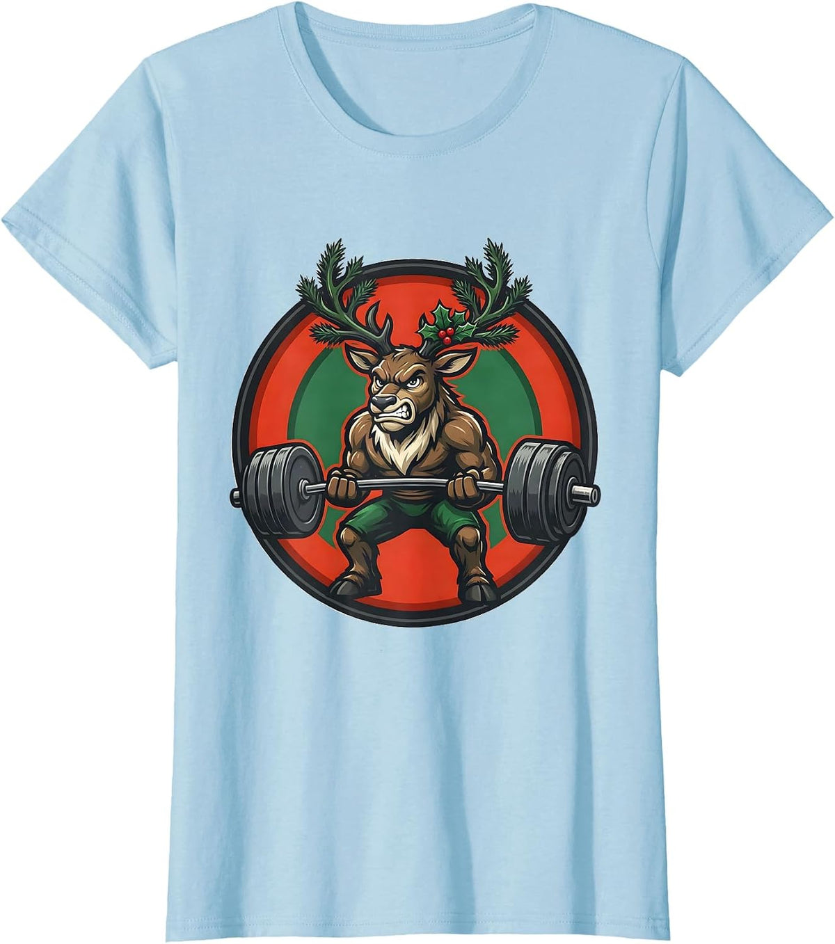 Reindeer Mascot Weightlifting Christmas Gym Humor T-Shirt - Baby Blue