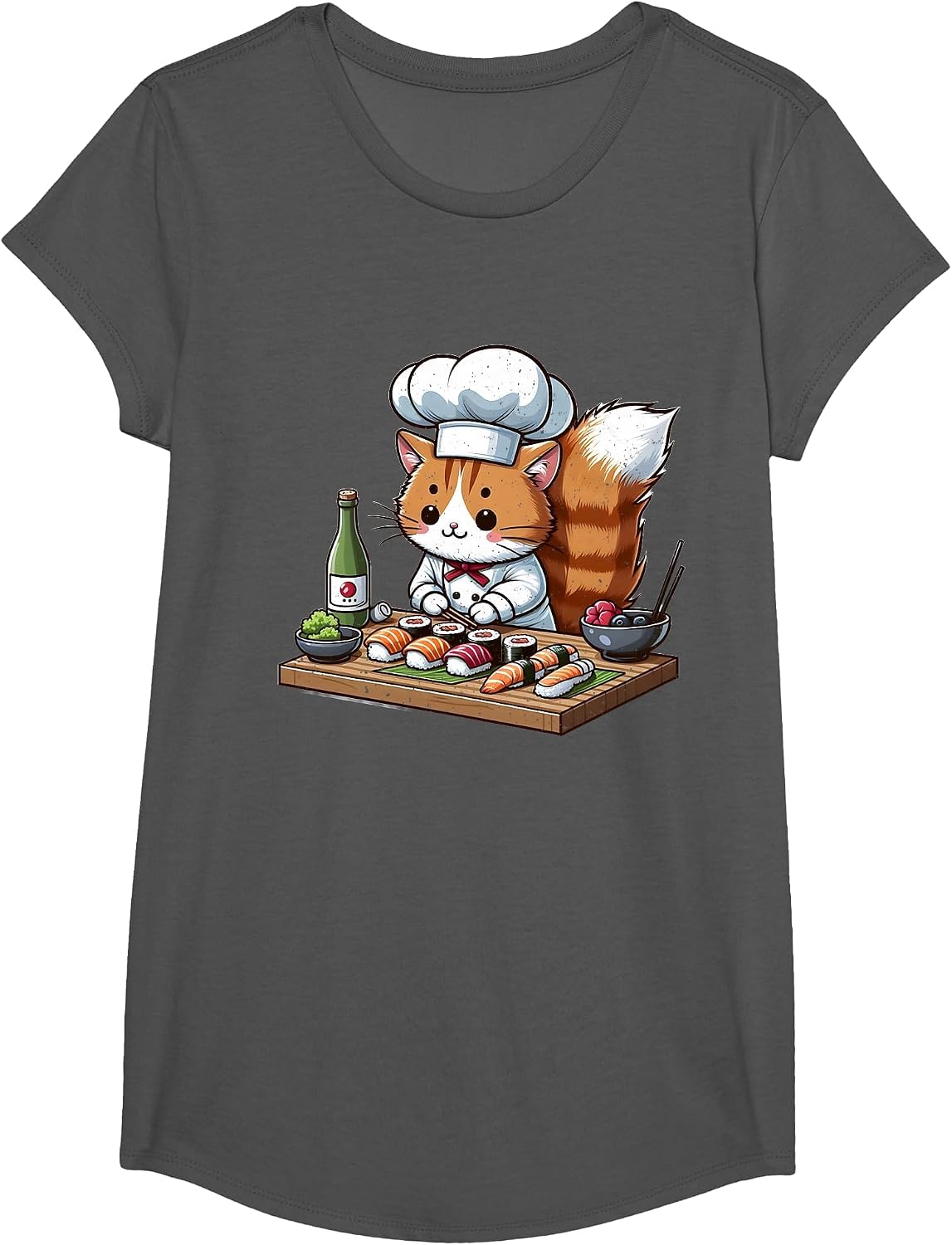 Cat Chef Making Sushi T-Shirt - Girls Asphalt Grey