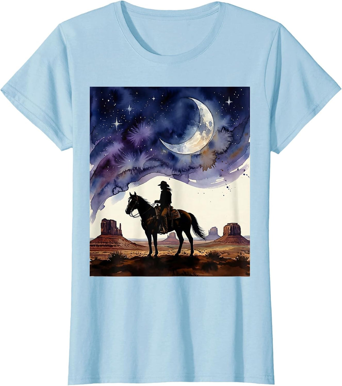 Lone Cowboy Riding Under a Star-Filled Sky T-Shirt - Baby Blue