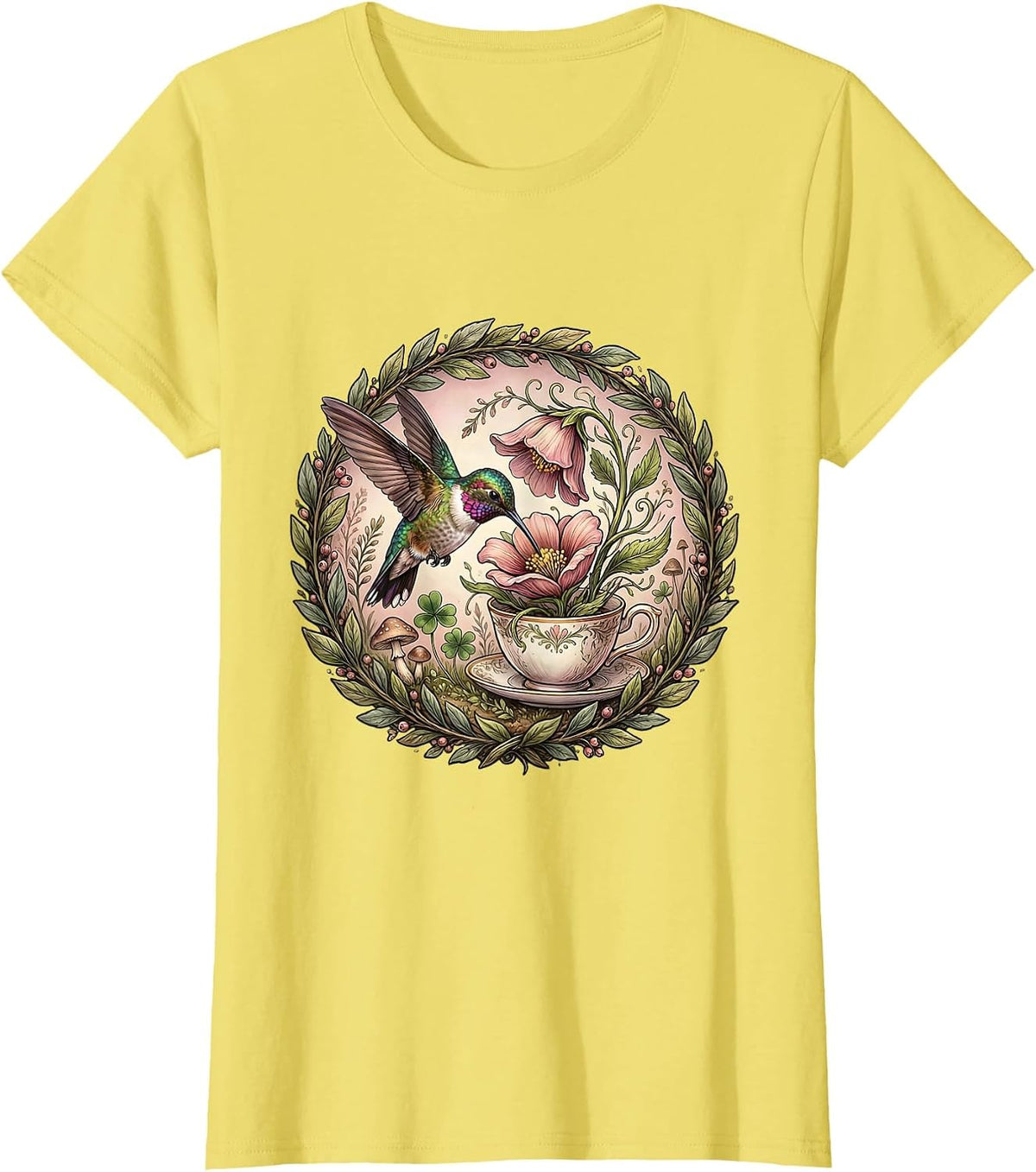 Hummingbird Teacup Flower Botanical Art T-Shirt - Lemon Yellow