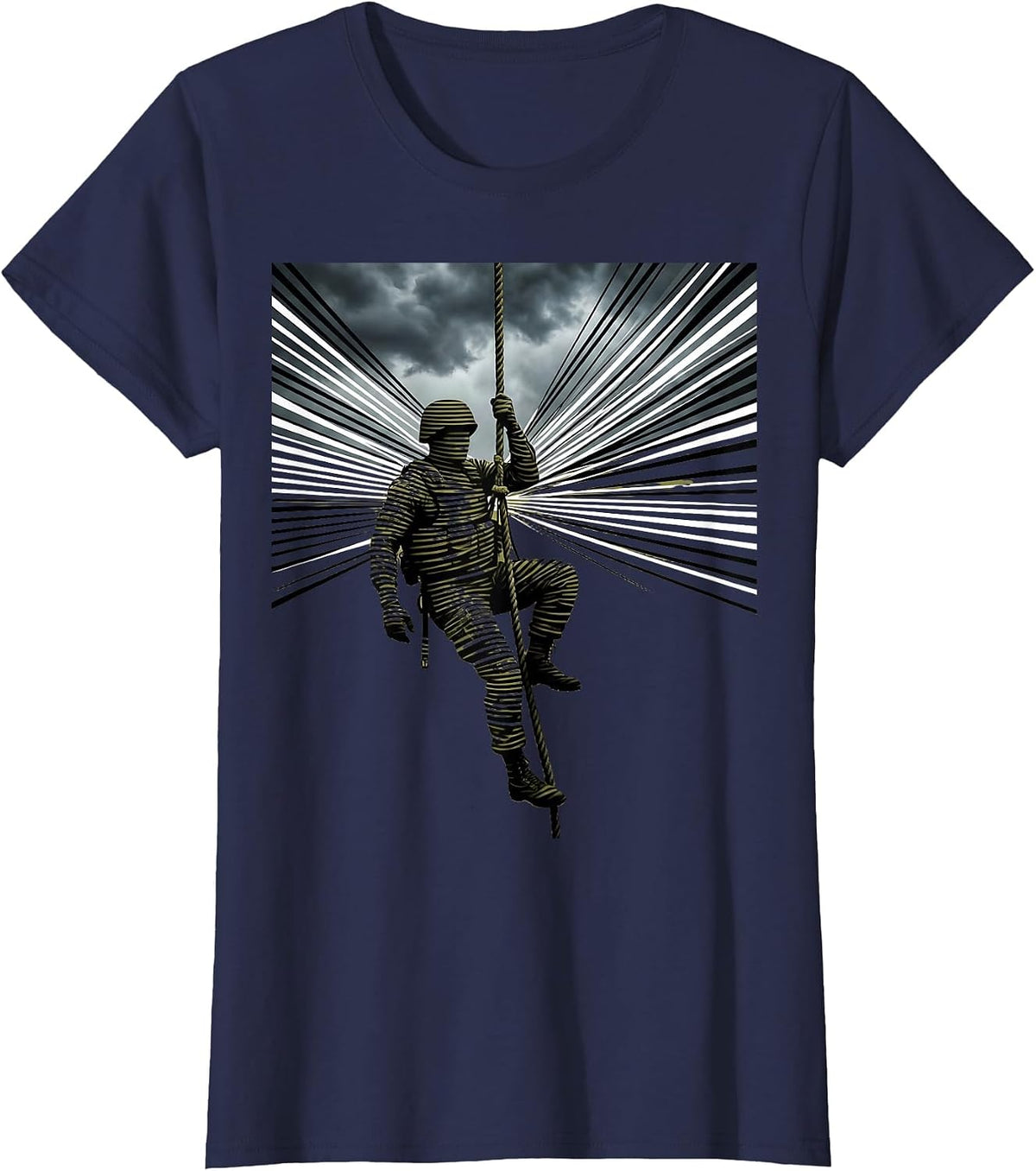 Women's Camo Soldier Climbing Rope Stormy Sky Graphic T-Shirt - Navy Blue