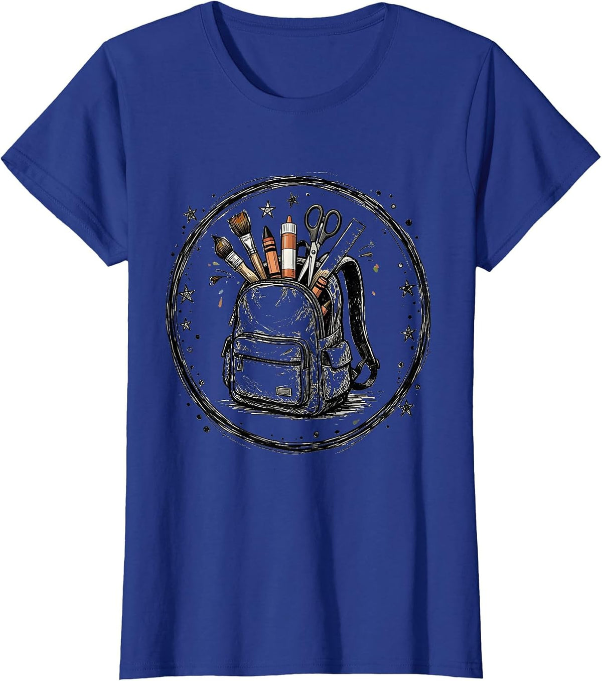 Women's Preschool Teacher Art Supply Backpack Graphic T-Shirt - Royal Blue