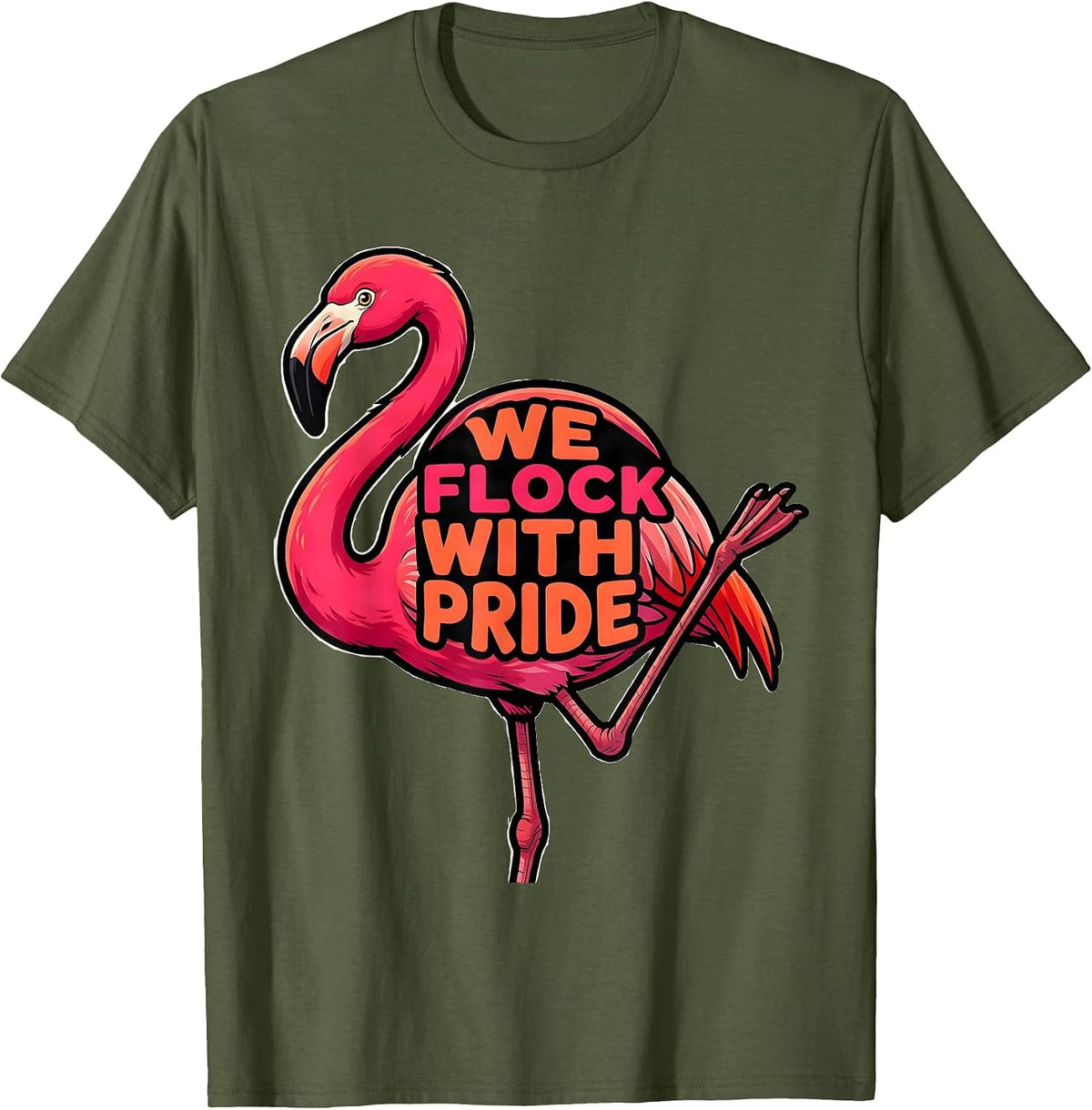 Men's We Flock With Pride Cartoon Flamingo Bird Lover Summer T-Shirt - Olive Green