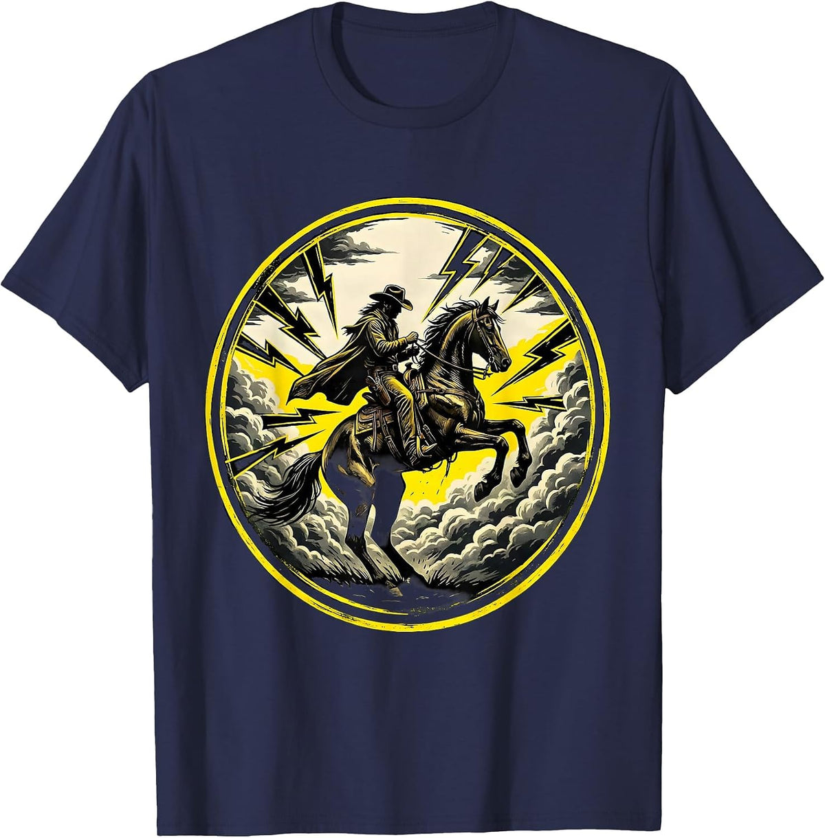 Cowboy Riding Horse Through Lightning Storm T-Shirt - Navy Blue