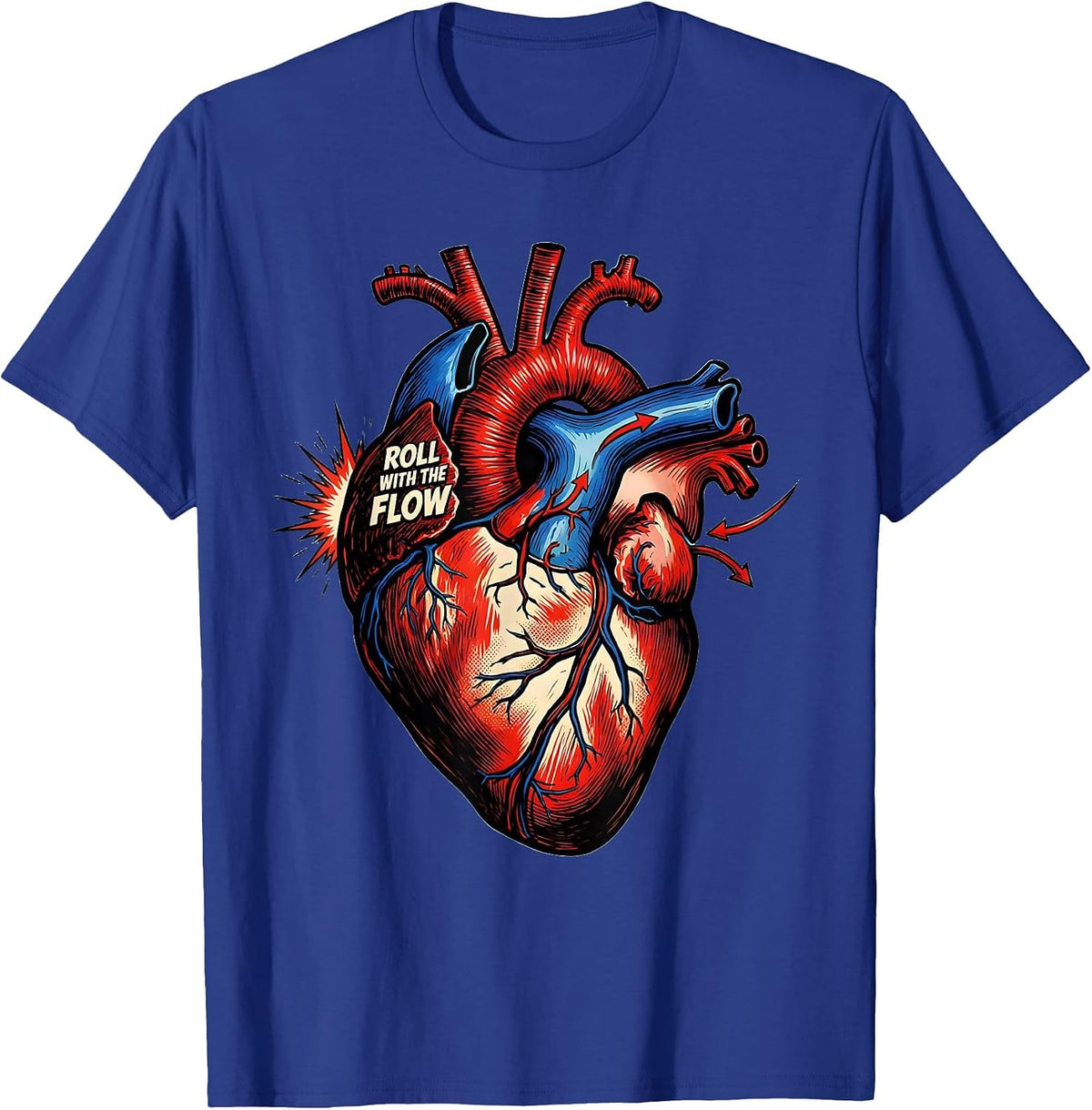Men's Roll With The Flow Comic Book Cardiac Nurse Anatomy Humor T-Shirt - Royal Blue