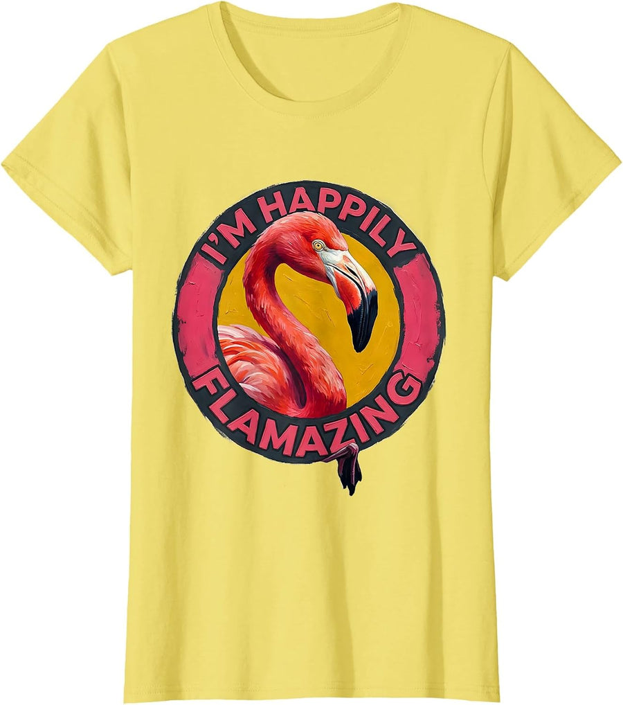 Women's I’m Happily Flamazing Funny Flamingo Lover Summer Gift T-Shirt - Lemon Yellow