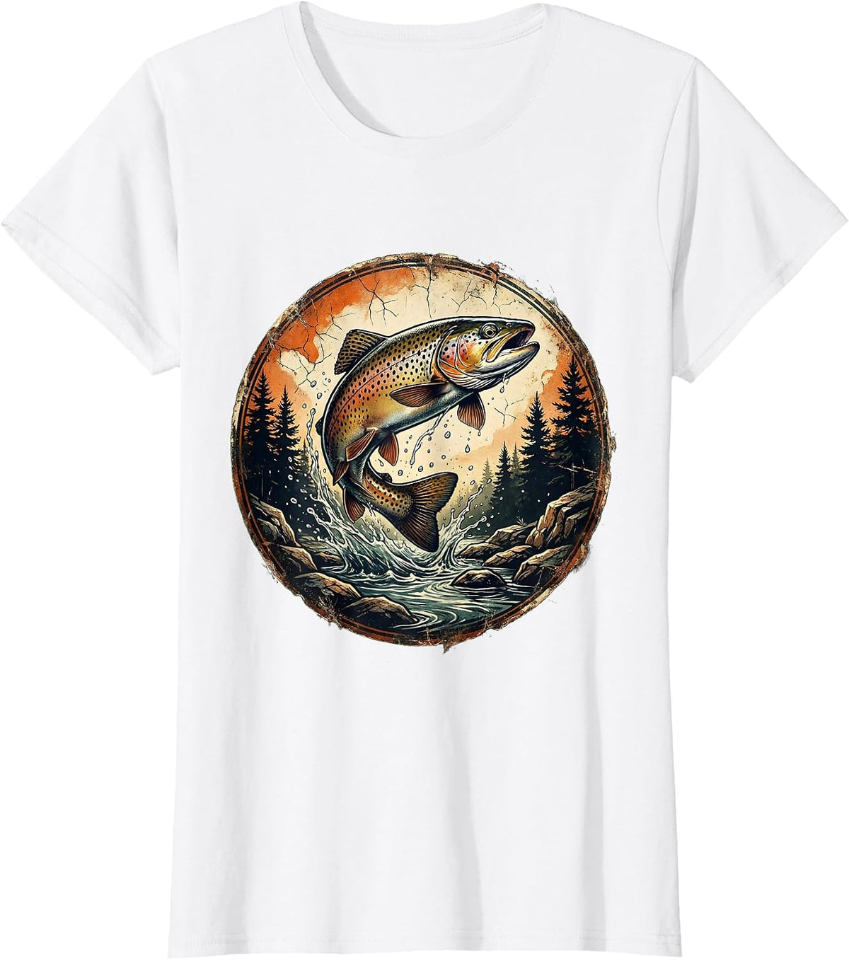 Leaping Brook Trout Forest Stream Fishing Graphic T-Shirt - White