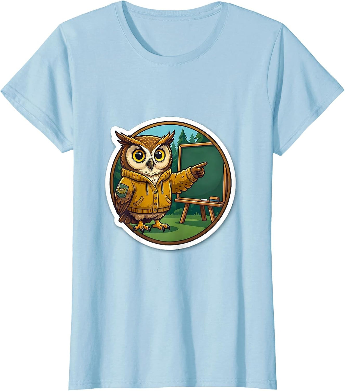Women's Funny Teacher Owl in Cardigan Chalkboard Gift T-Shirt - Baby Blue