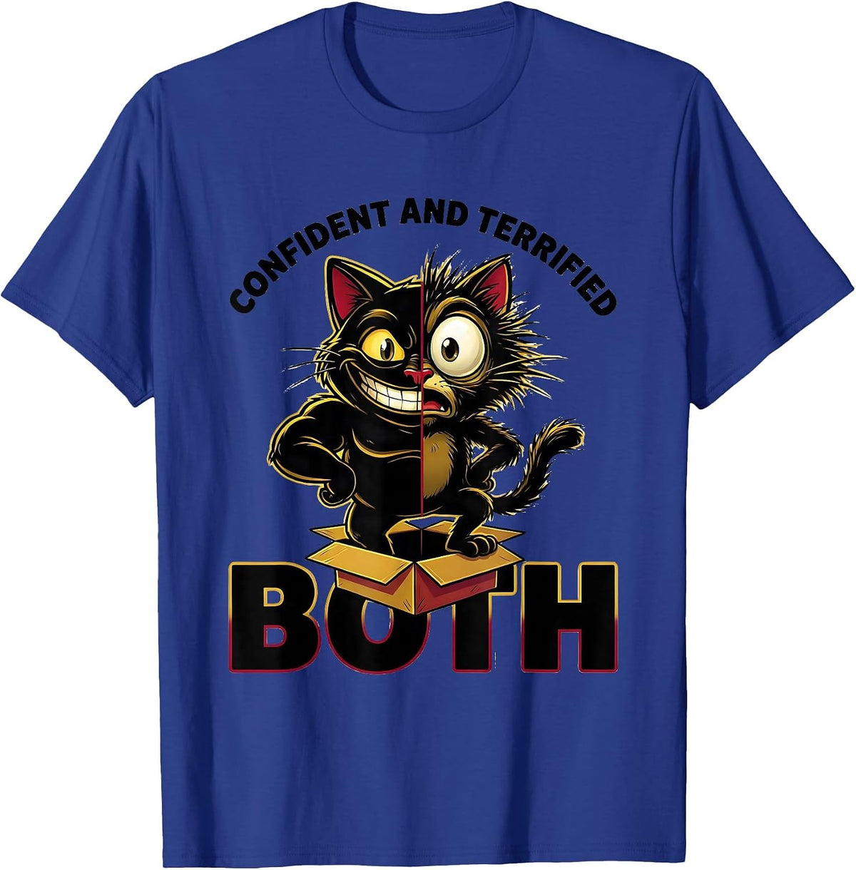 Men's Confident And Terrified, Both Cartoon Quantum Physics Humor T-Shirt - Royal Blue