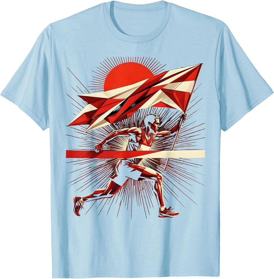 Men's Marathon Runner Crossing Finish Line Flag Design T-Shirt - Baby Blue