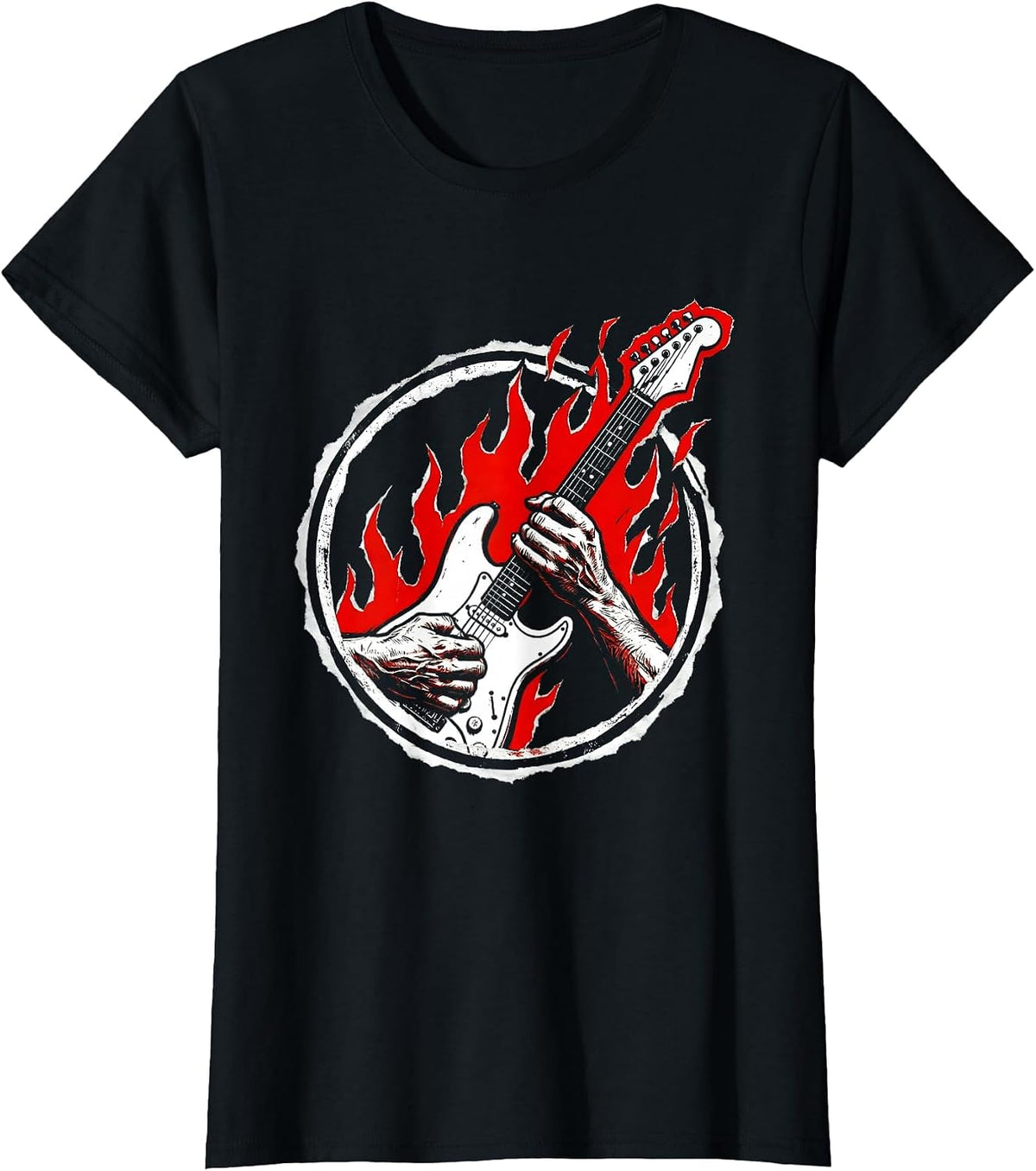 Flaming Guitar Shred Vintage Rock Band Graphic T-Shirt - Black