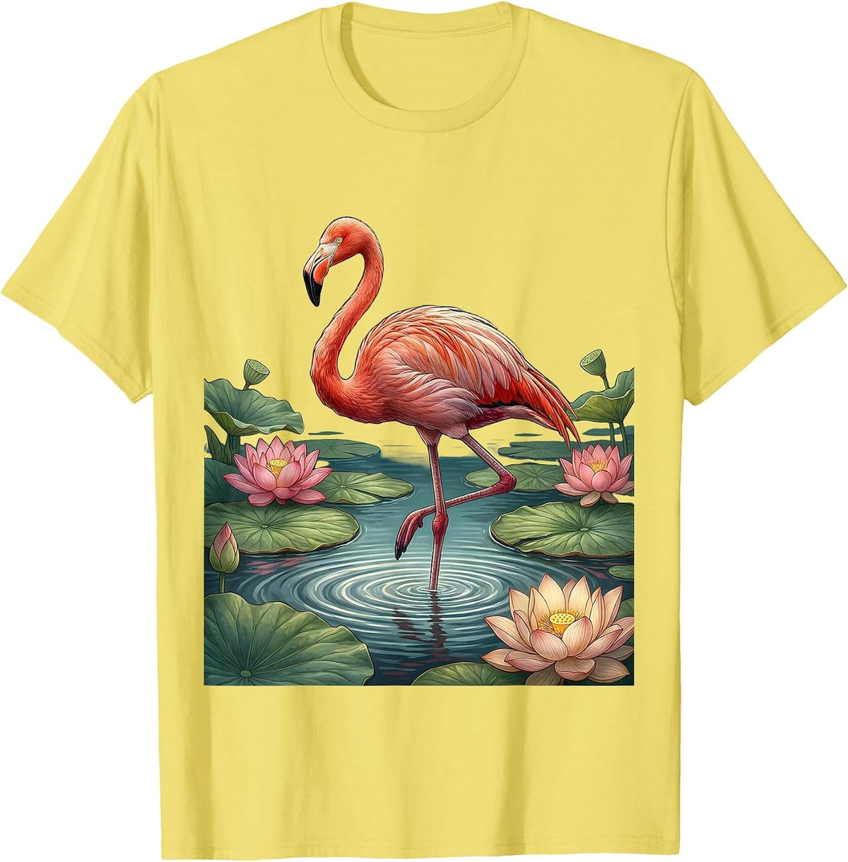 Men's Flamingo in Pink Lily Pond Illustration T-Shirt - Lemon Yellow