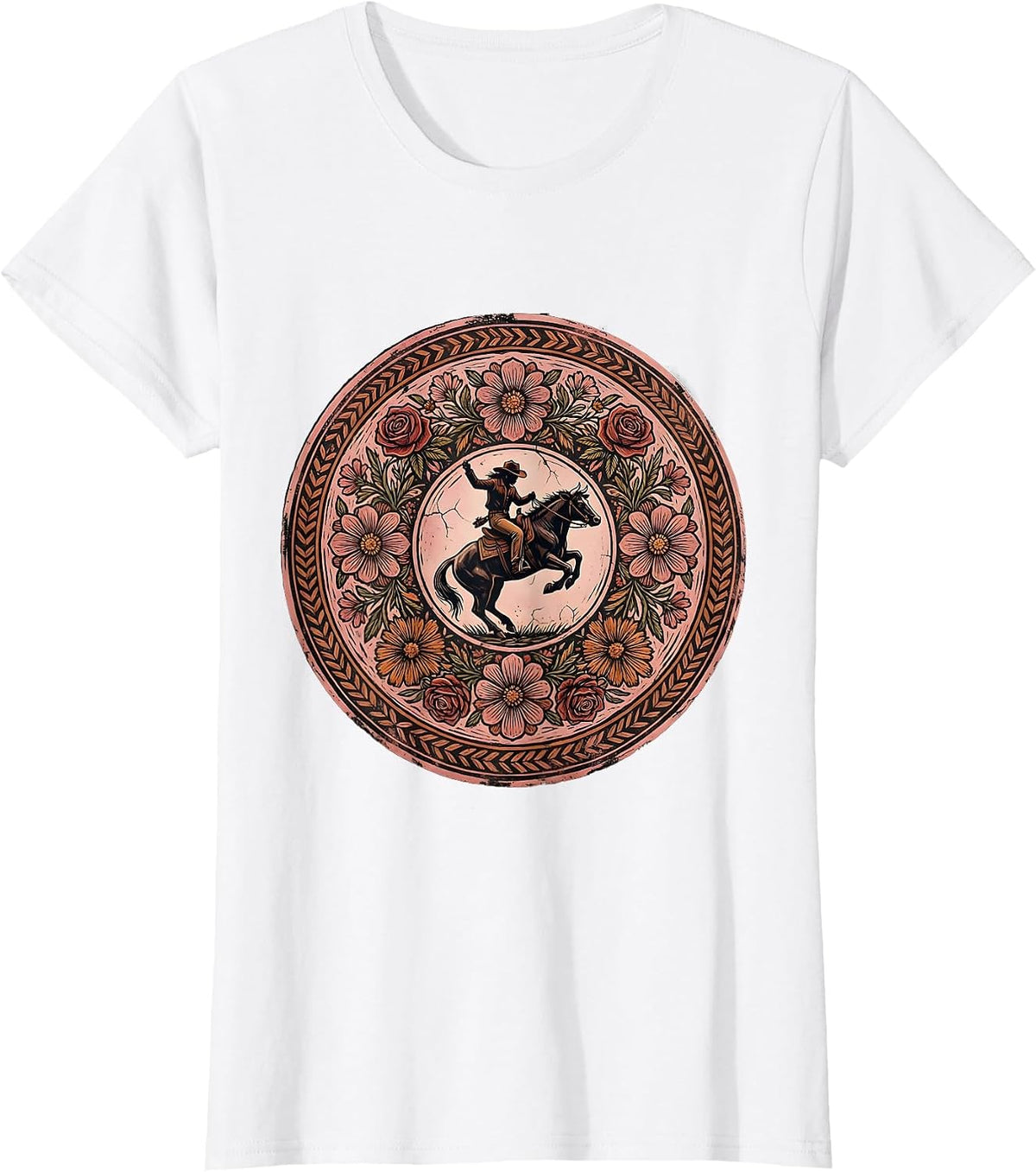 Pink Cowgirl Riding Bucking Bronco Rodeo Art T-Shirt - White