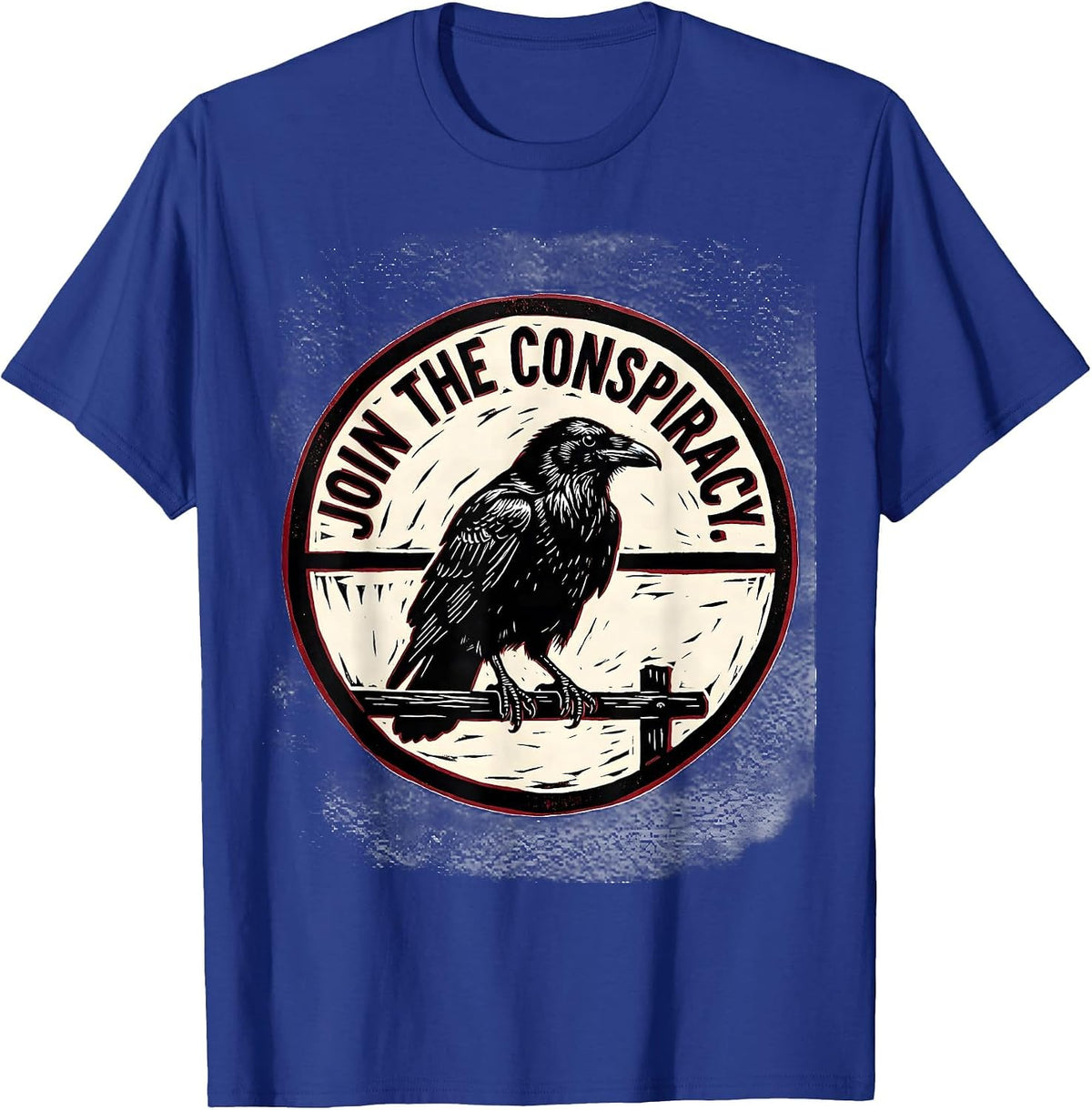Men's Join The Conspiracy Linocut Crow Humor Literary Pun T-Shirt - Royal Blue